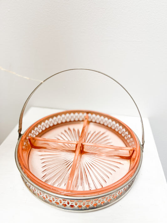 Pink glass dish with metal holder