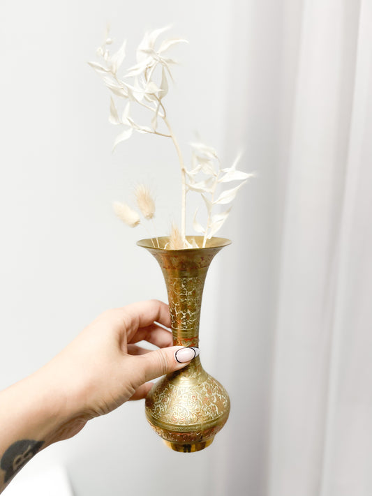 Brass vase & dried florals. Made in India