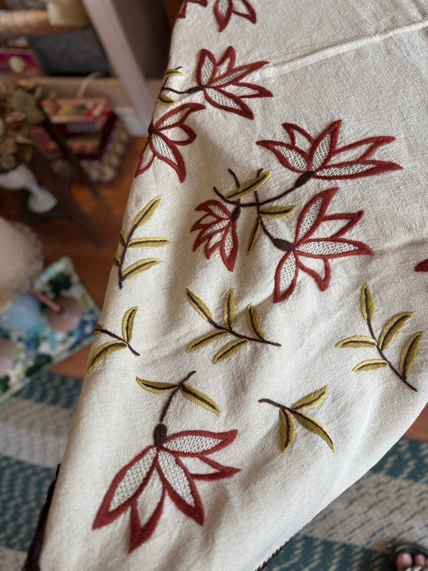 Hand crafted floral square tablecloth with crochet trim