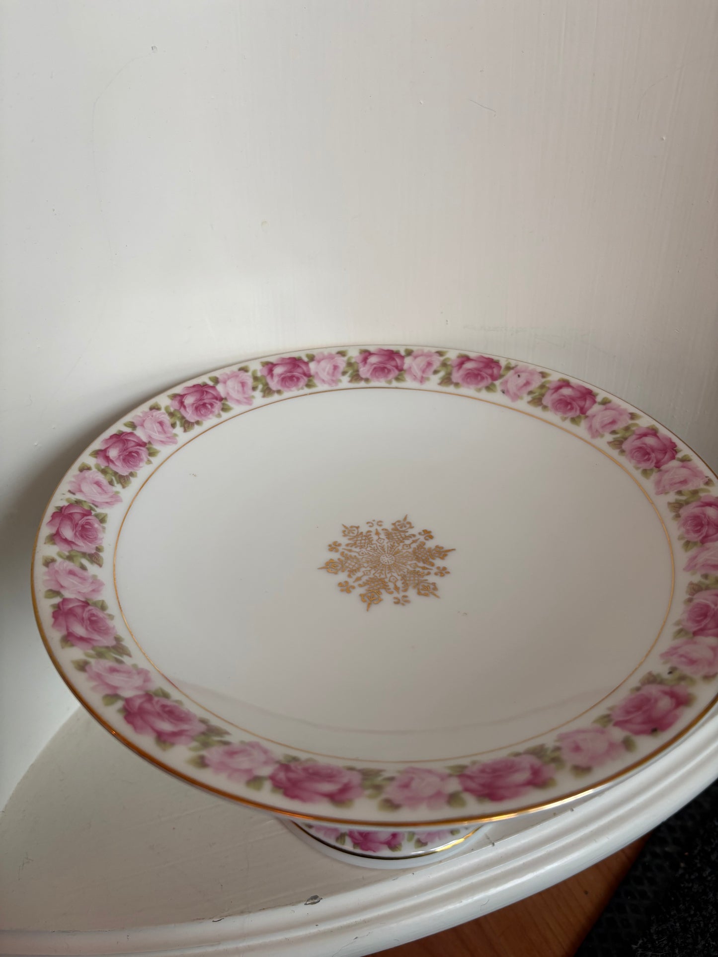 Pink Rose Trim Pedestal Dessert Tray