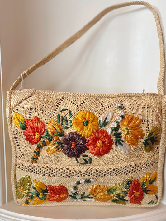 Woven floral shoulder bag