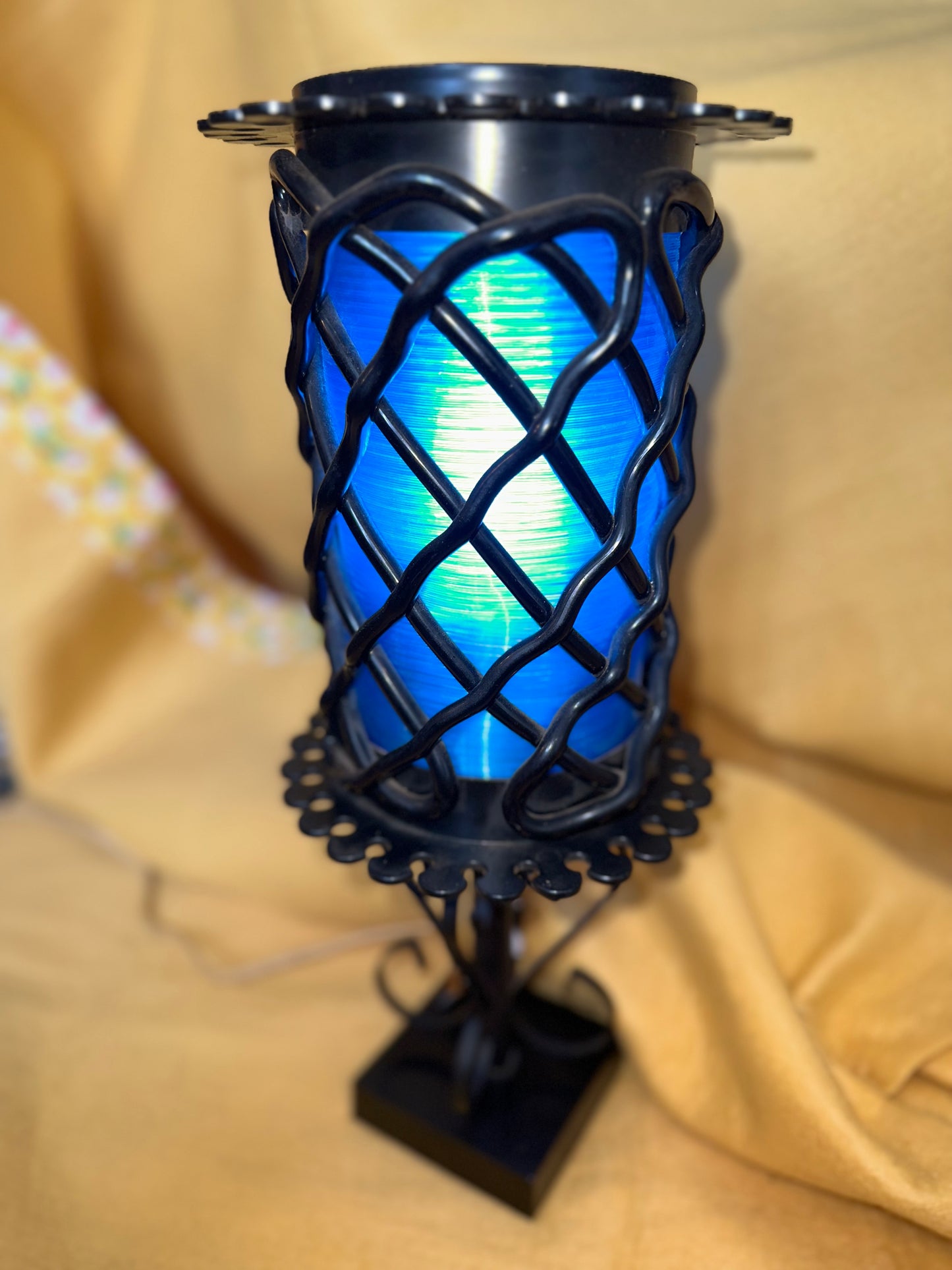 Mid Century black lamp with blue fibreglass shade