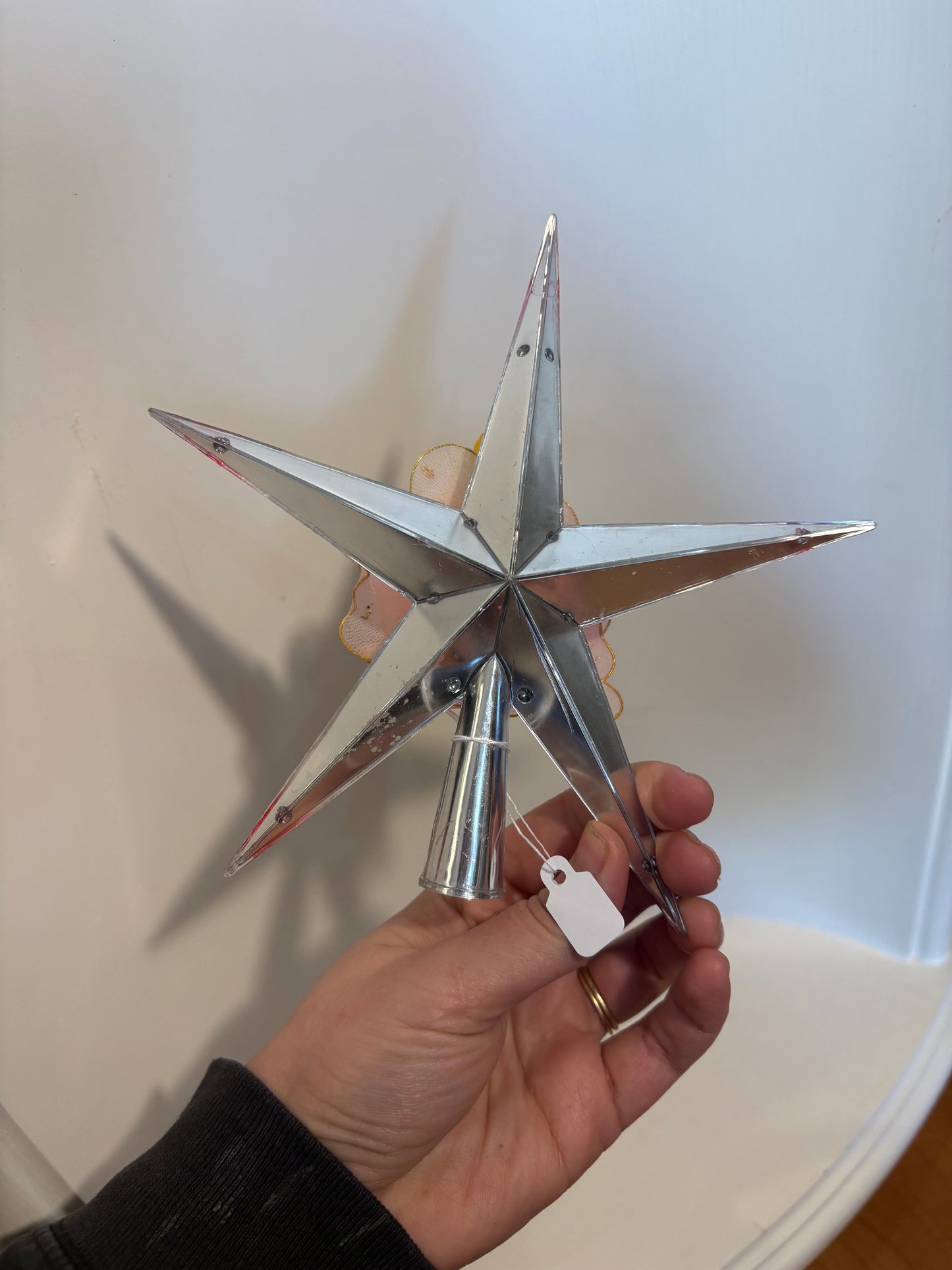 Silver Plastic Star Tree Topper with netting, pipe cleaner angel