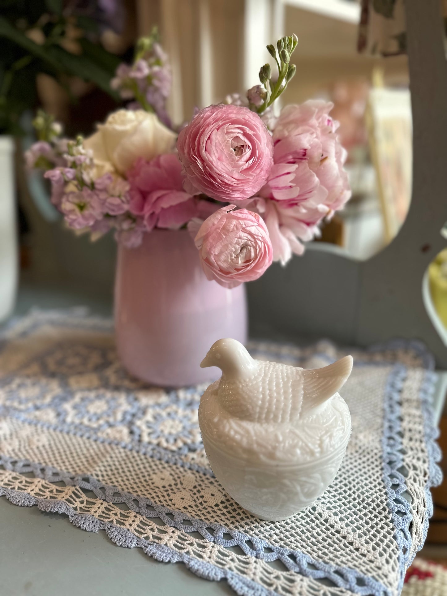 Avon milk glass hen dish