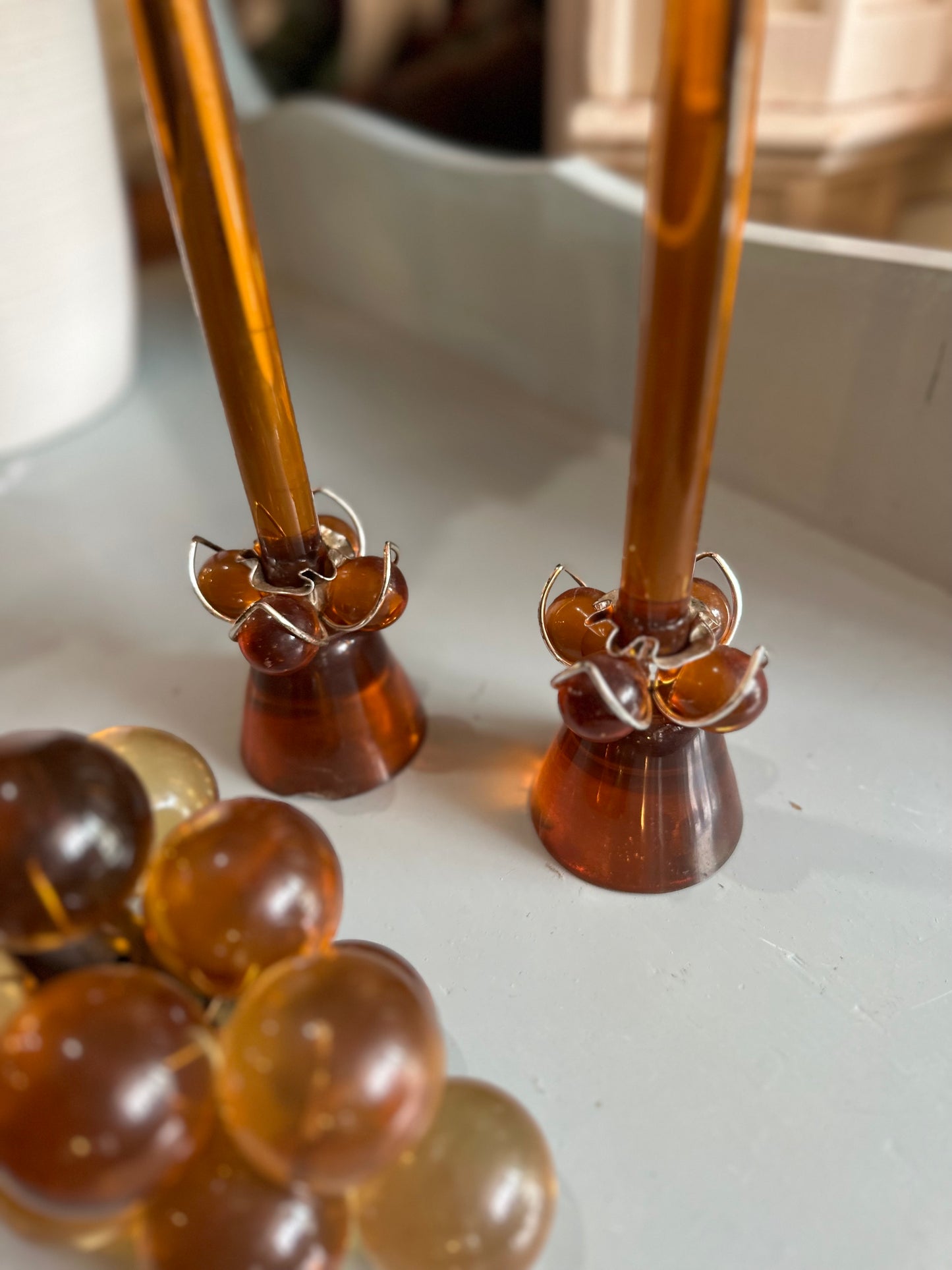 1970s set of Lucite grapes, candle holders and candles