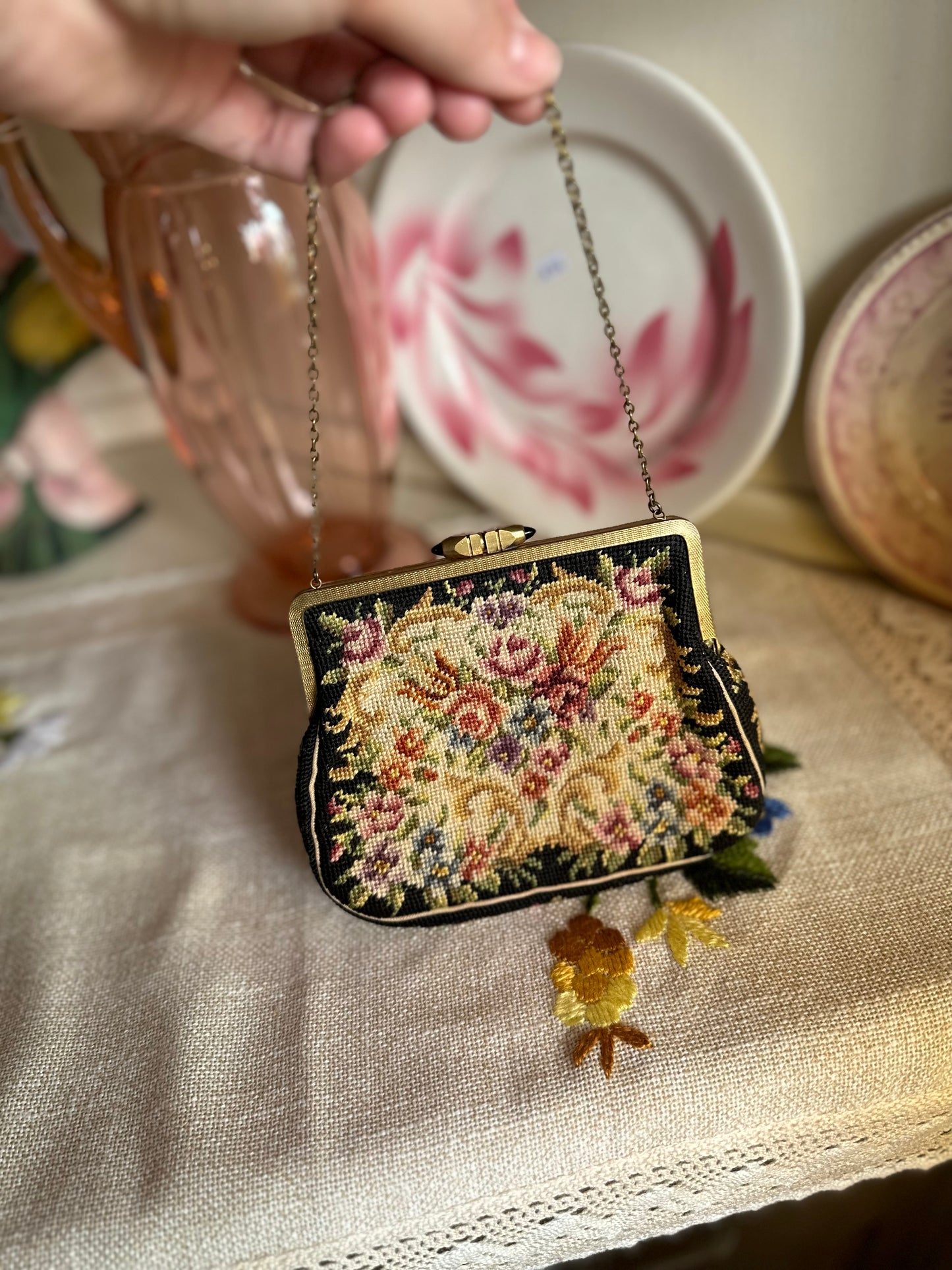 Small Tapestry purse with gold chain