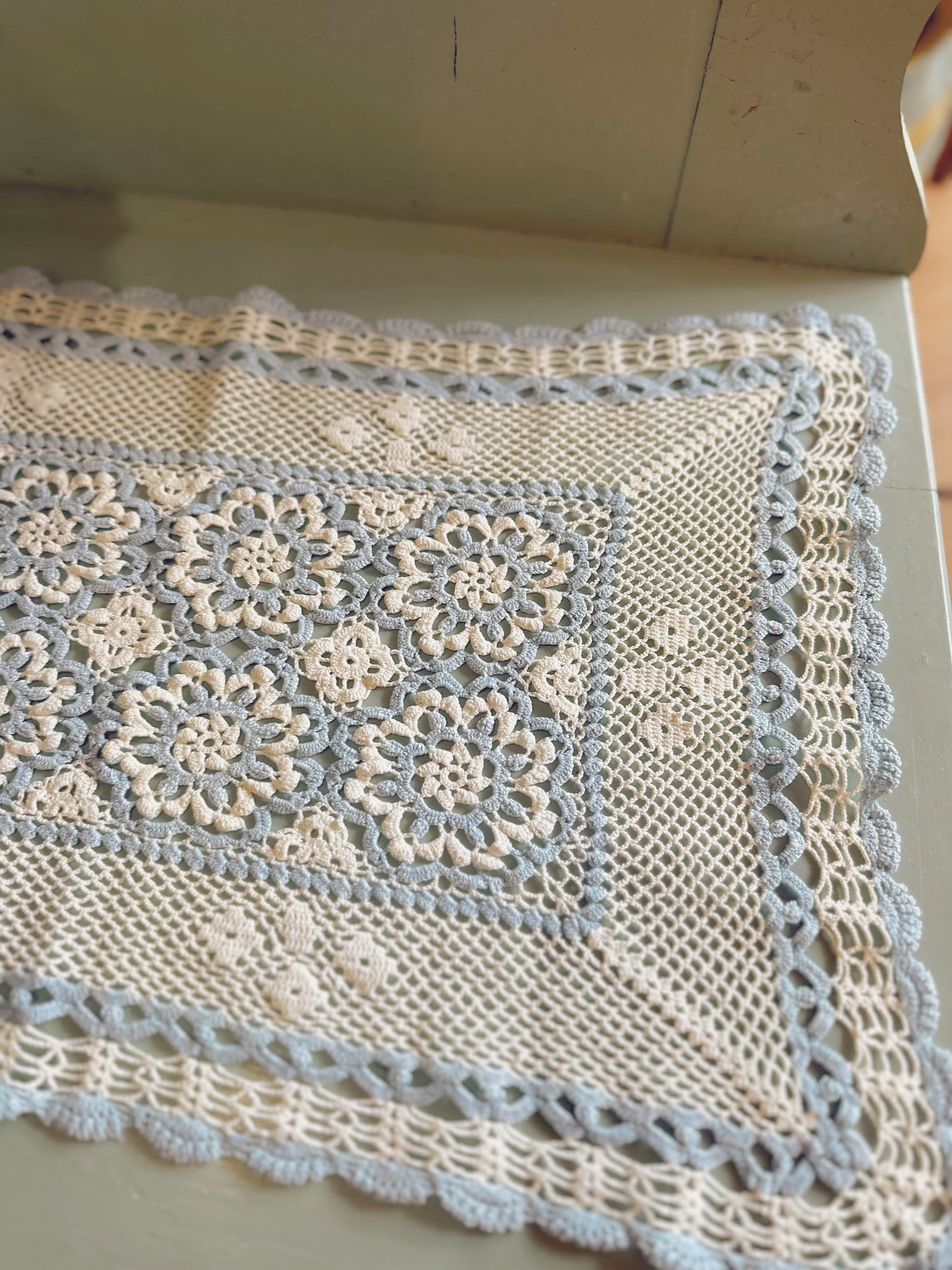 Crochet floral Table runner - blue & white