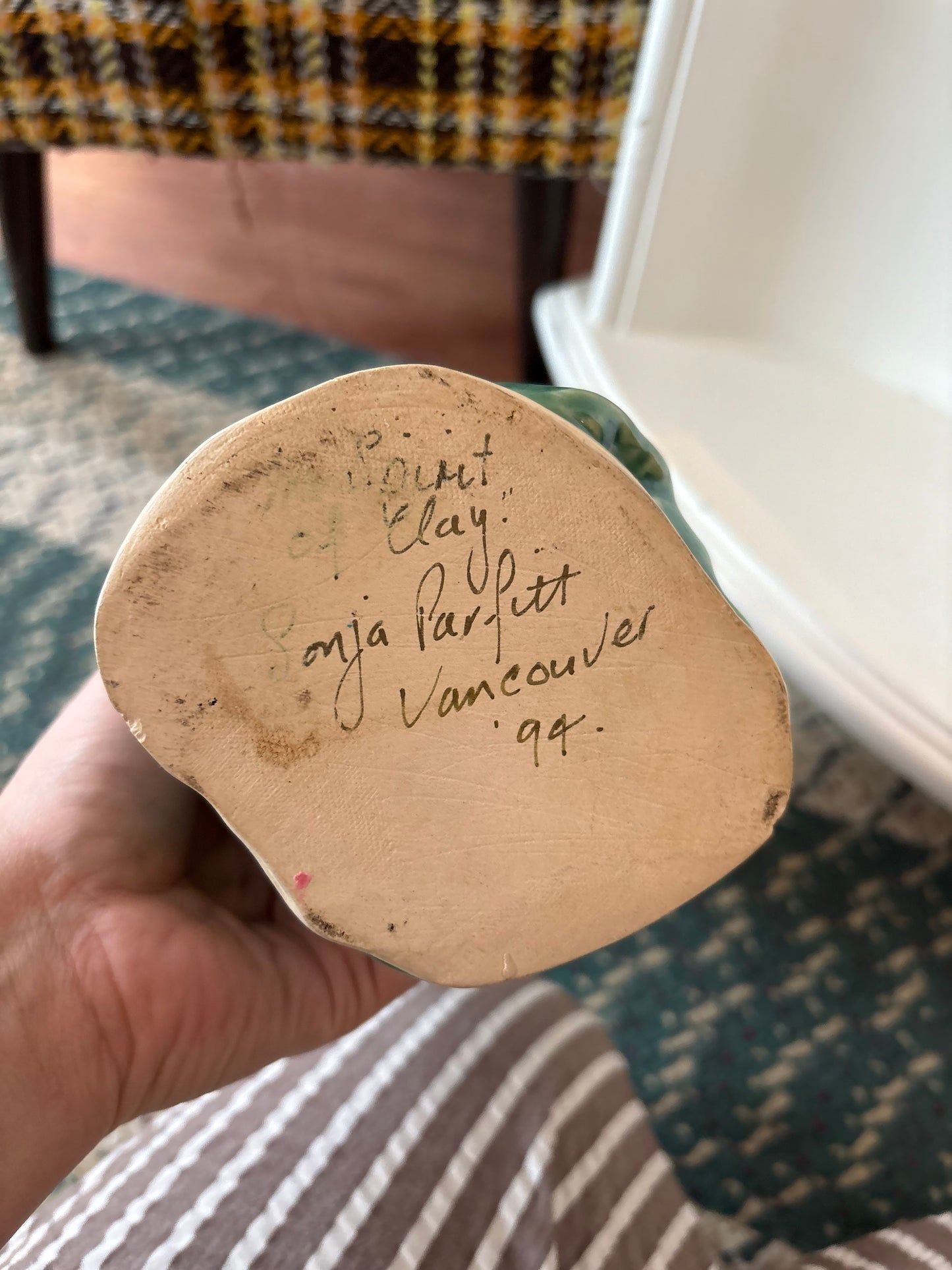 Clay pottery vase turquoise colour - marked Vancouver 94’