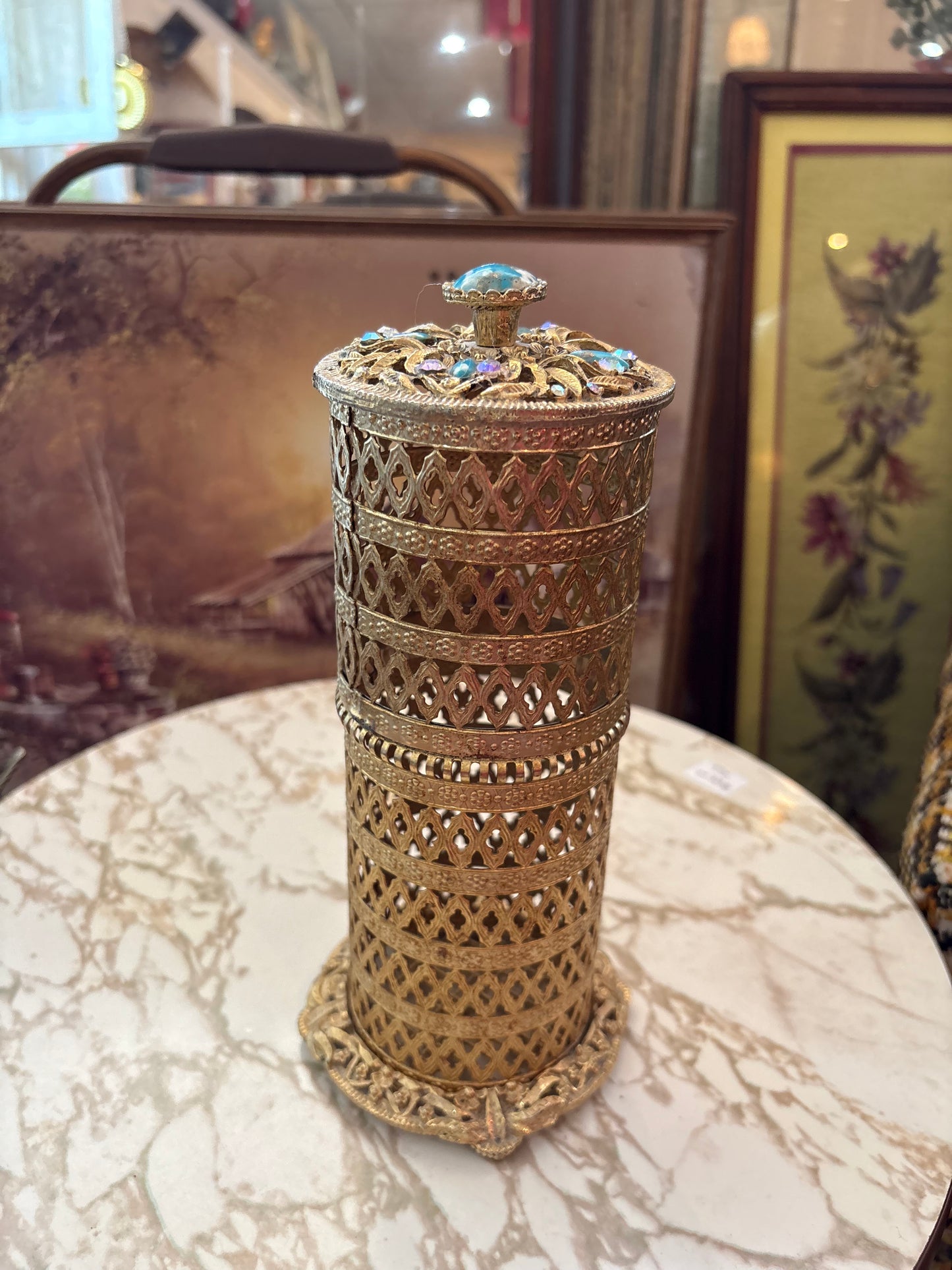 Ormolu Hollywood Regency tall round vanity trinket dish