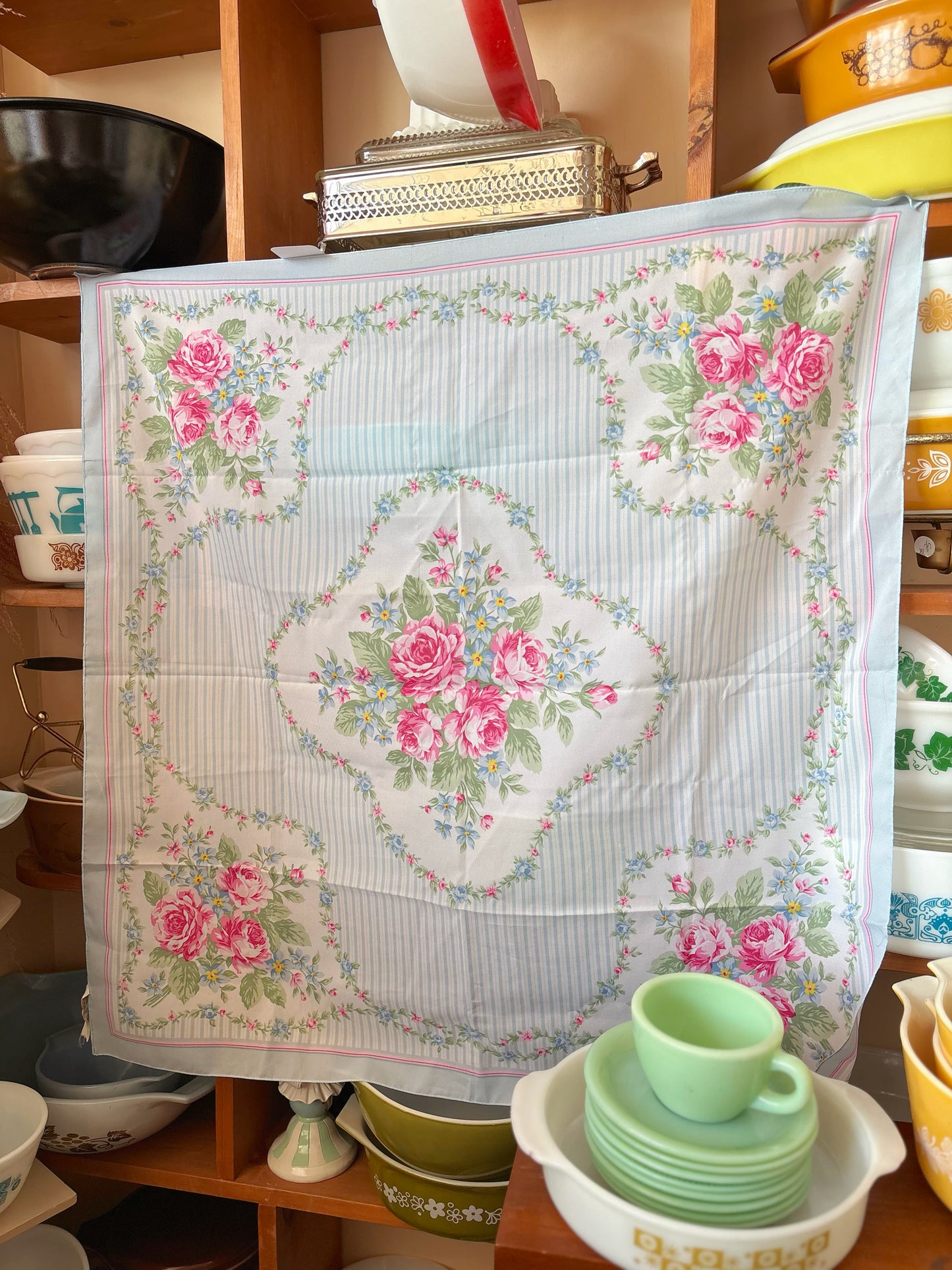 Scarf - Blue Stripes & Pink Roses
