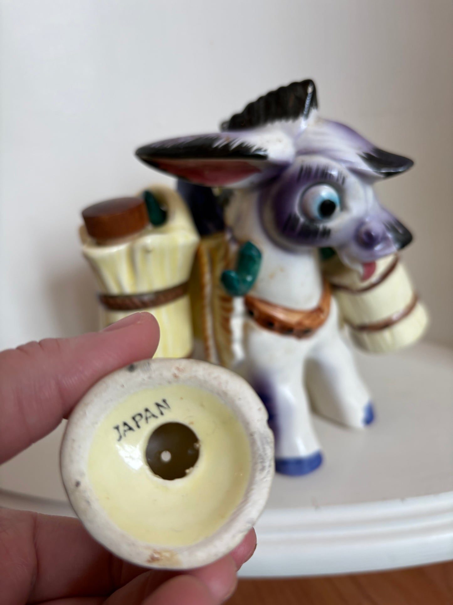 Vintage Japan Ceramic Burro Donkey Salt Pepper Oil & Vinegar Holder