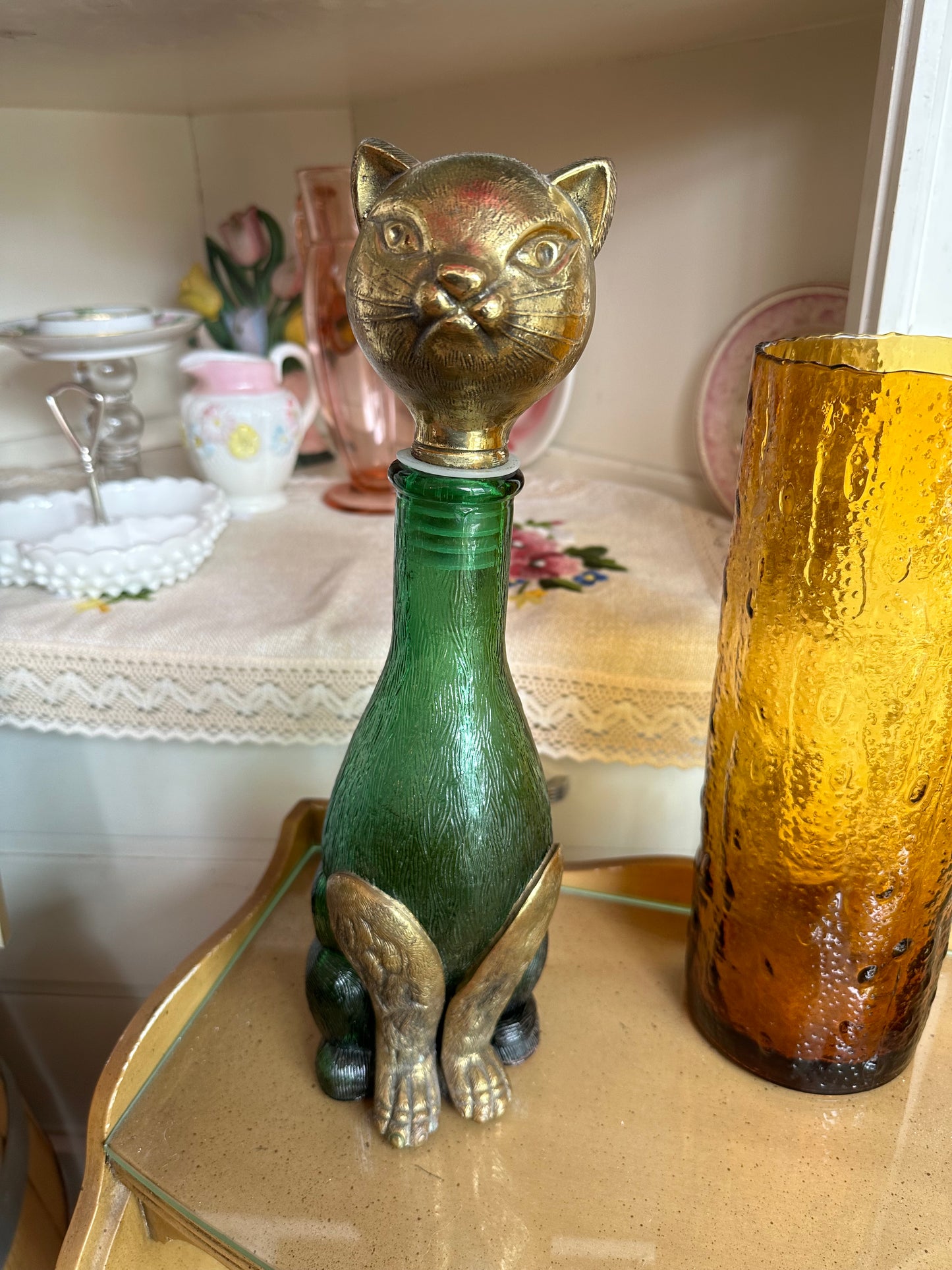 Empoli Glass Cat decanter with brass details