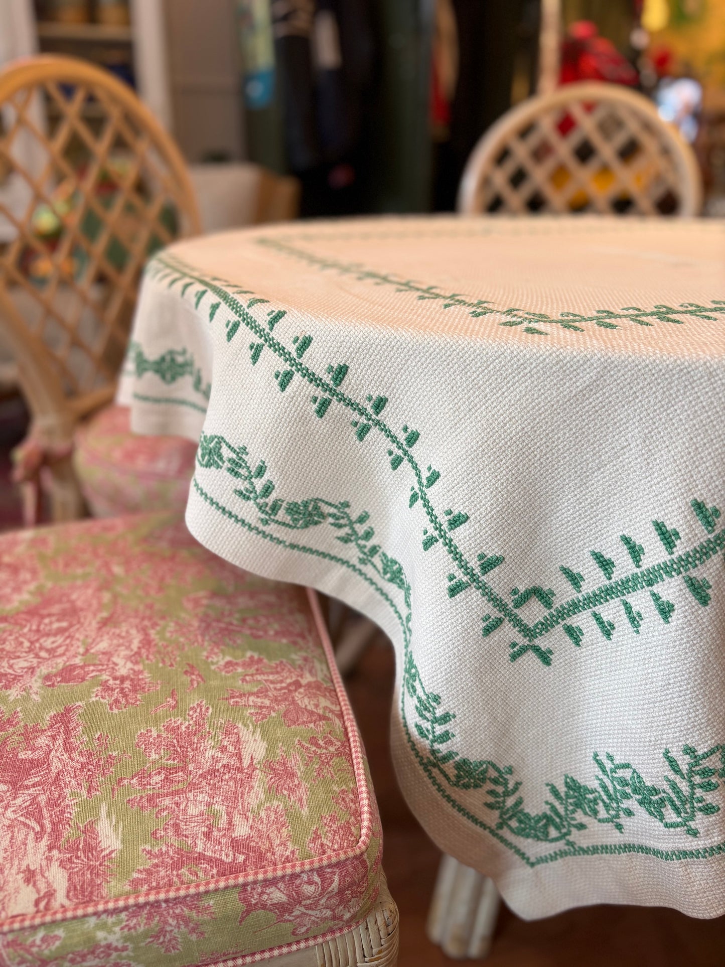 Beige Tablecloth with Green details - 54x54 inches