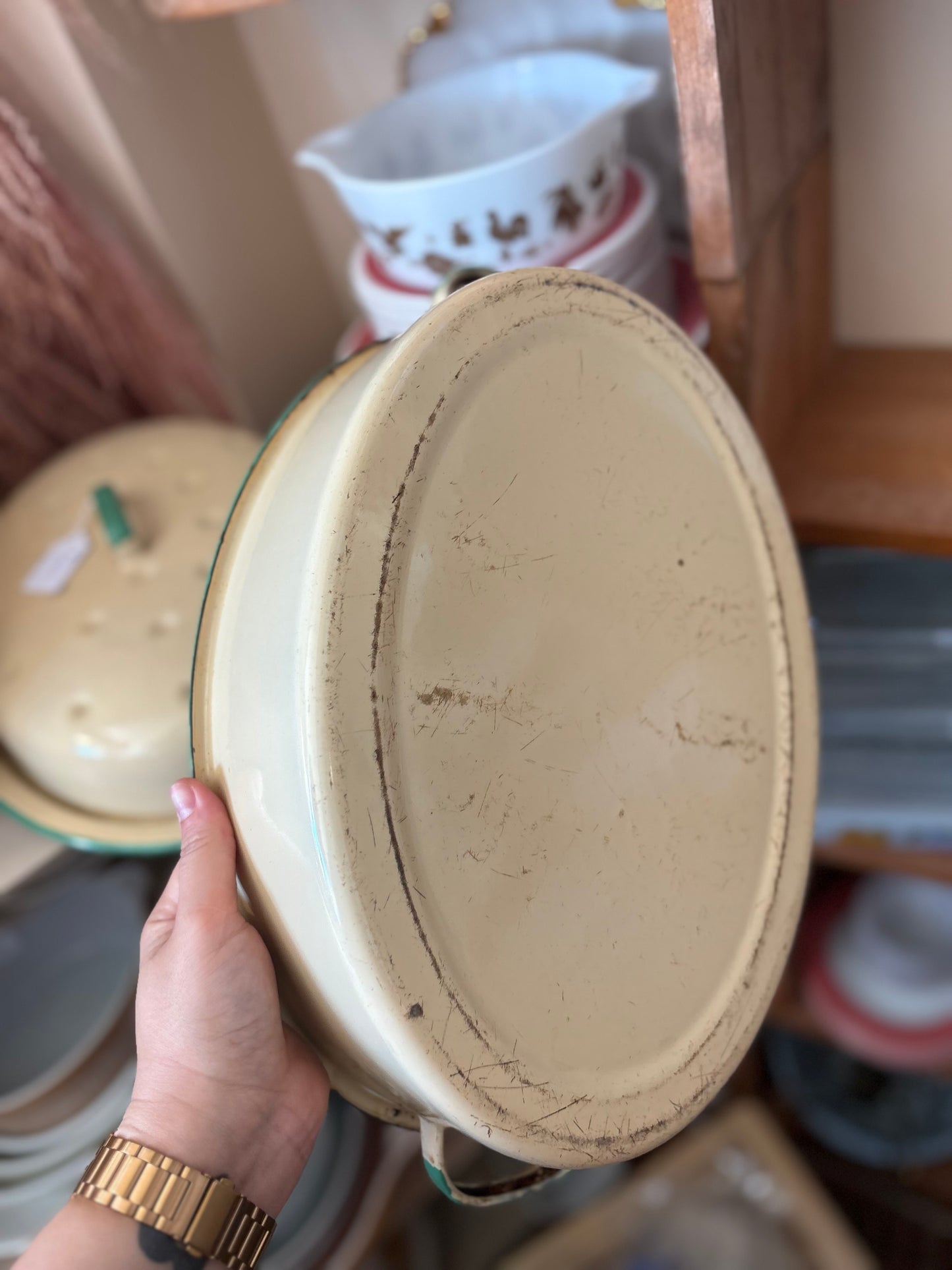 Oval Enamelware Roasting Pan - green trim
