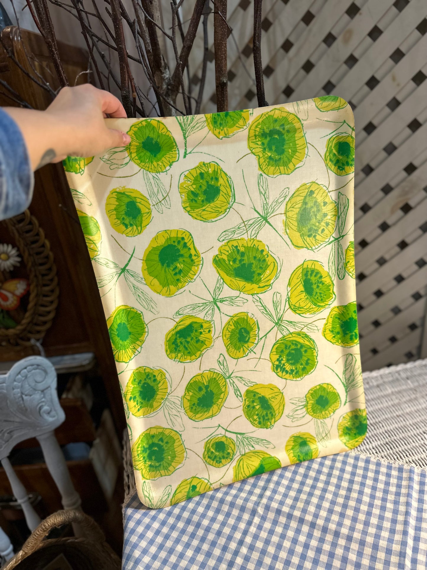 Large green floral tray