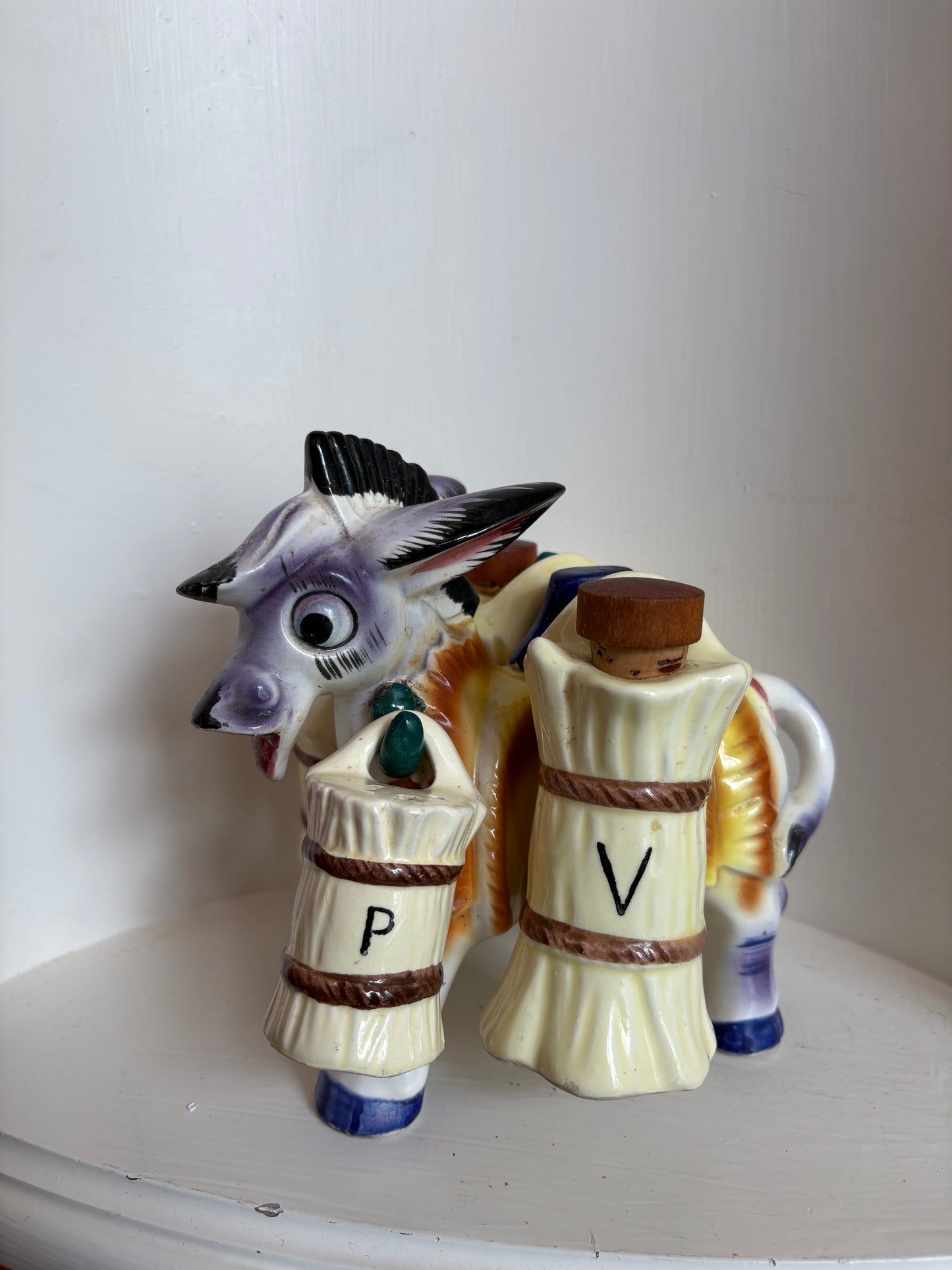 Vintage Japan Ceramic Burro Donkey Salt Pepper Oil & Vinegar Holder