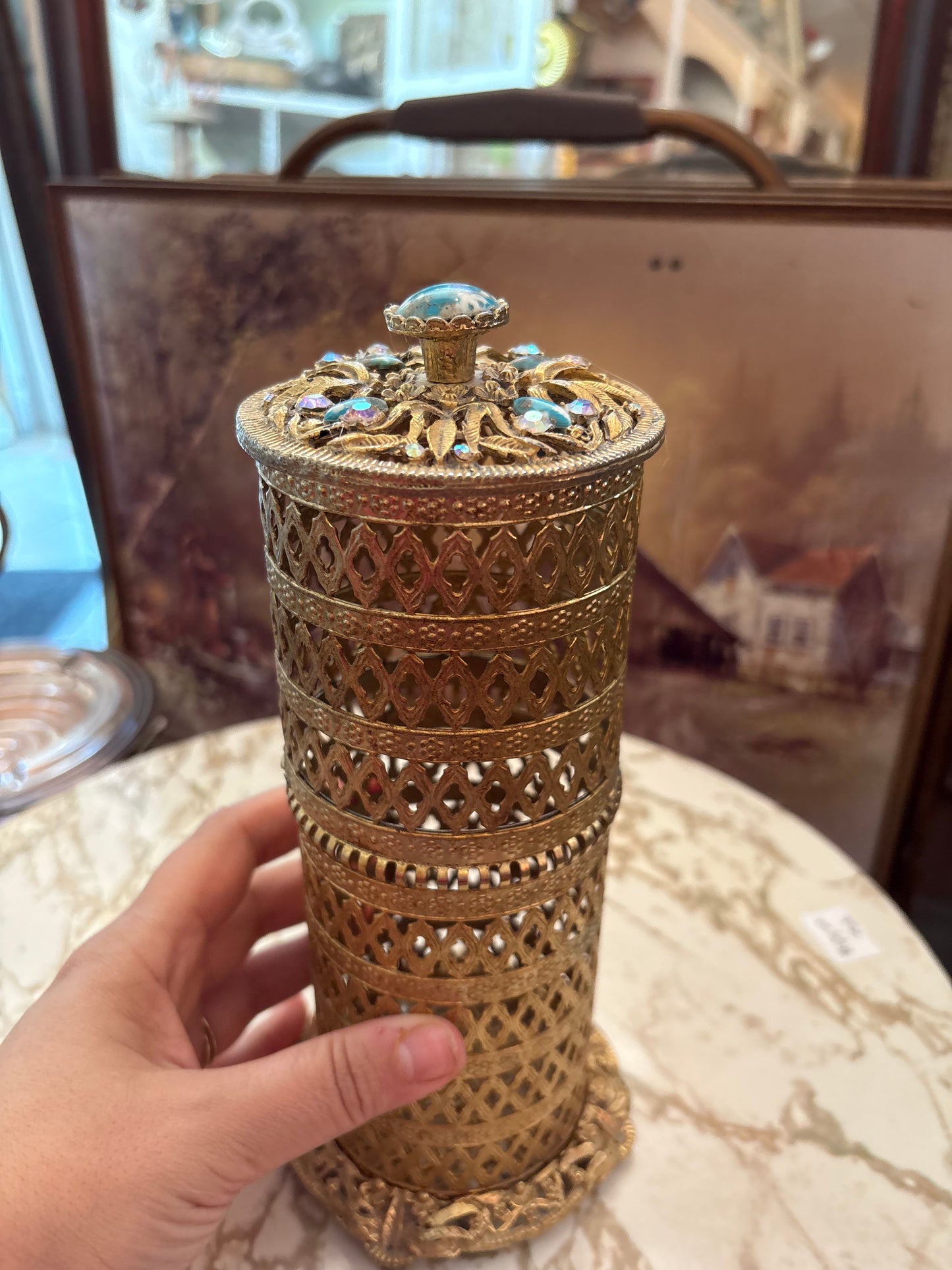 Ormolu Hollywood Regency tall round vanity trinket dish