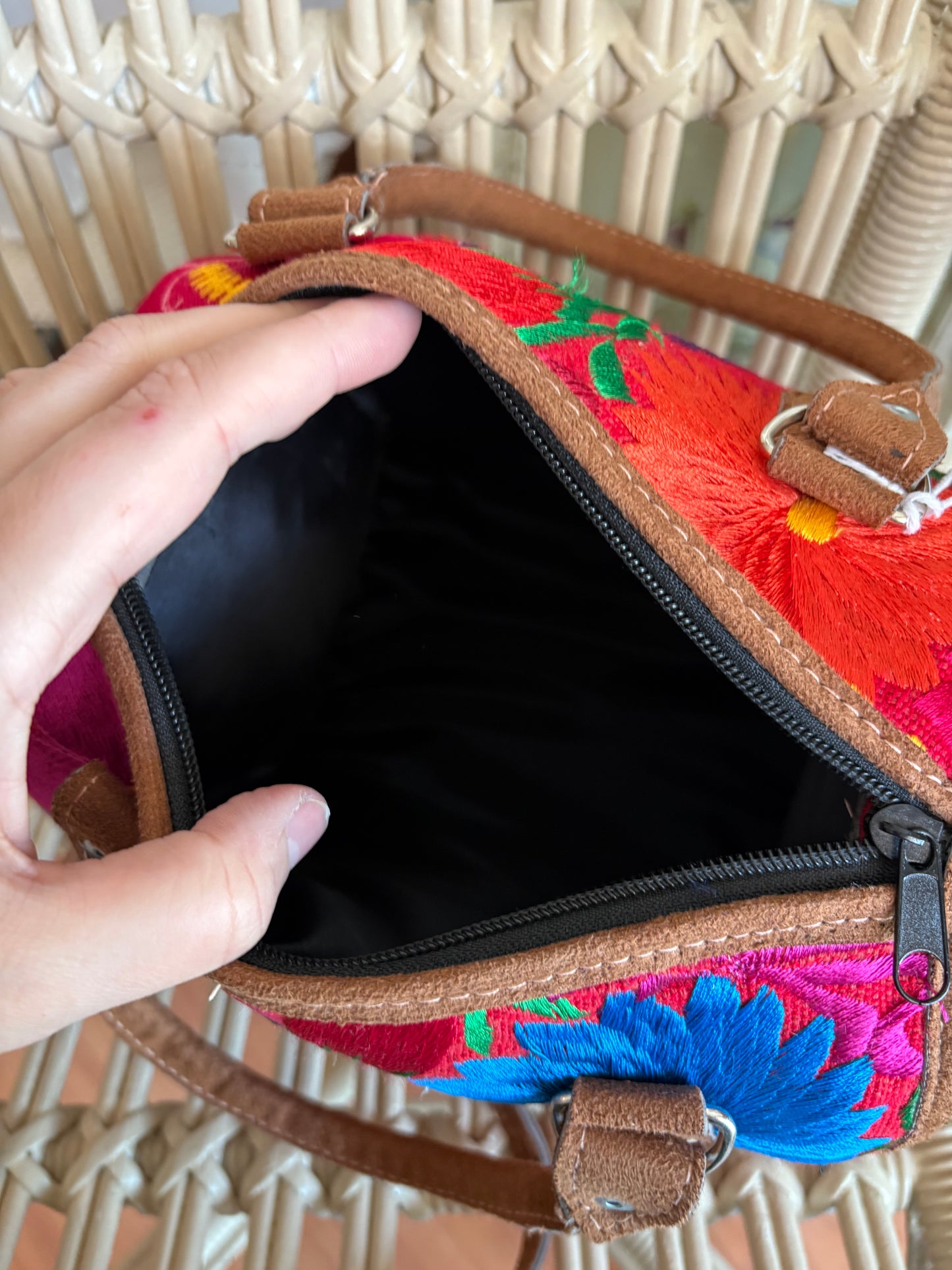 Embroidered Floral Handbag with long strap