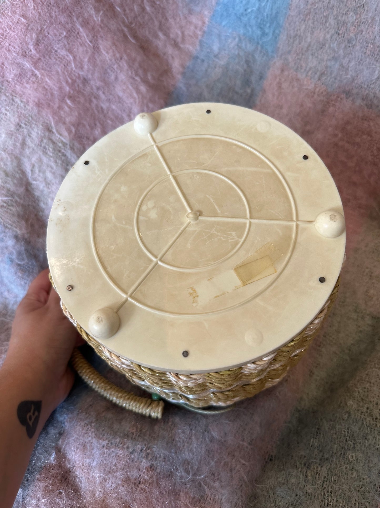 Round sewing basket with floral fabric detail