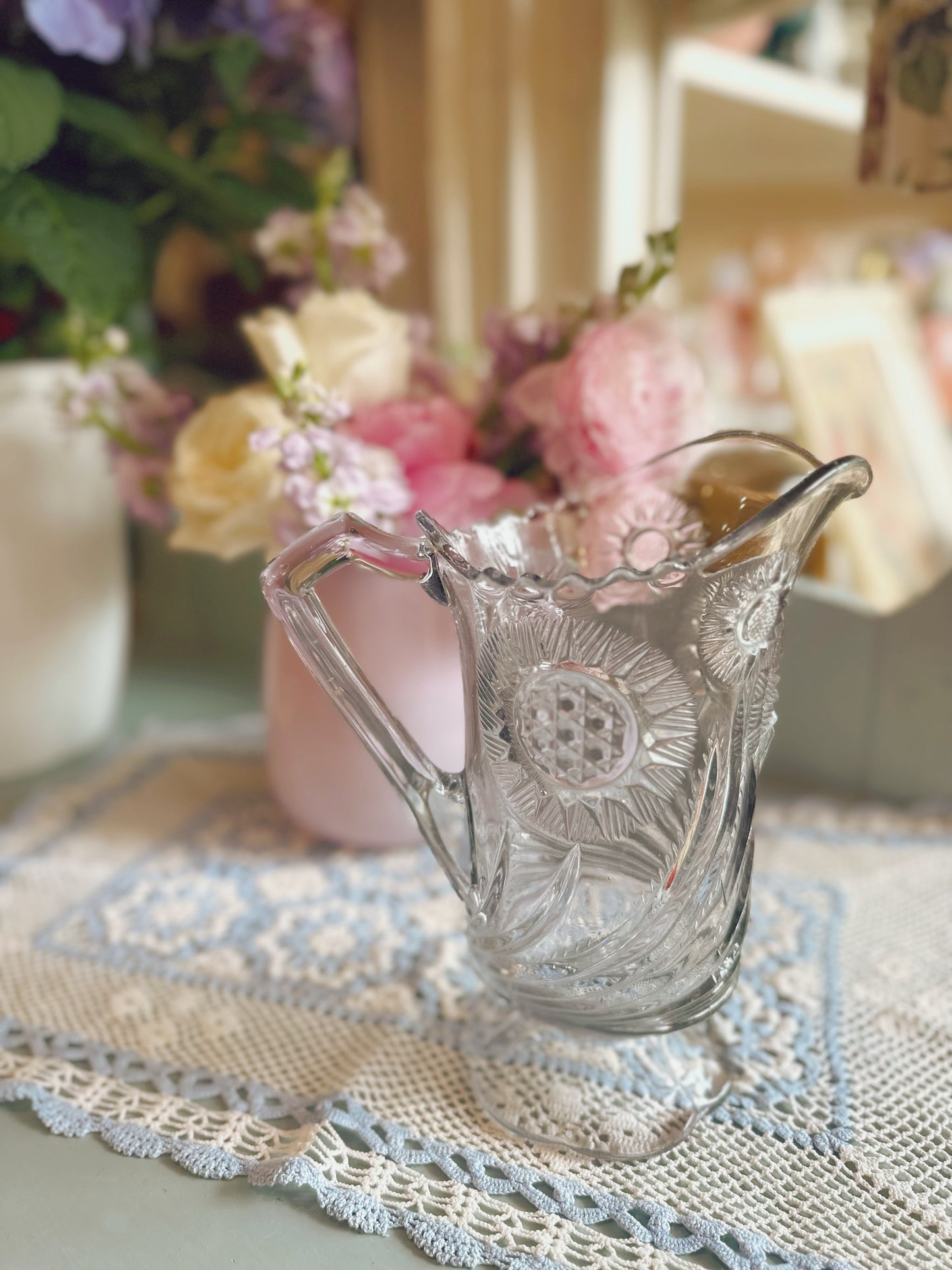 Early American pressed glass pitcher - Feather swirl pattern