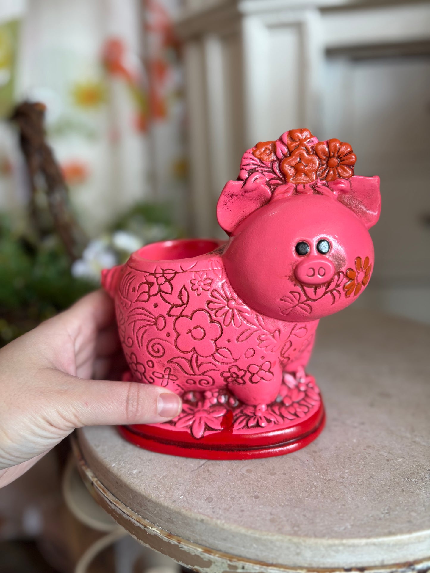 Pink Piggy chalkware candle holder