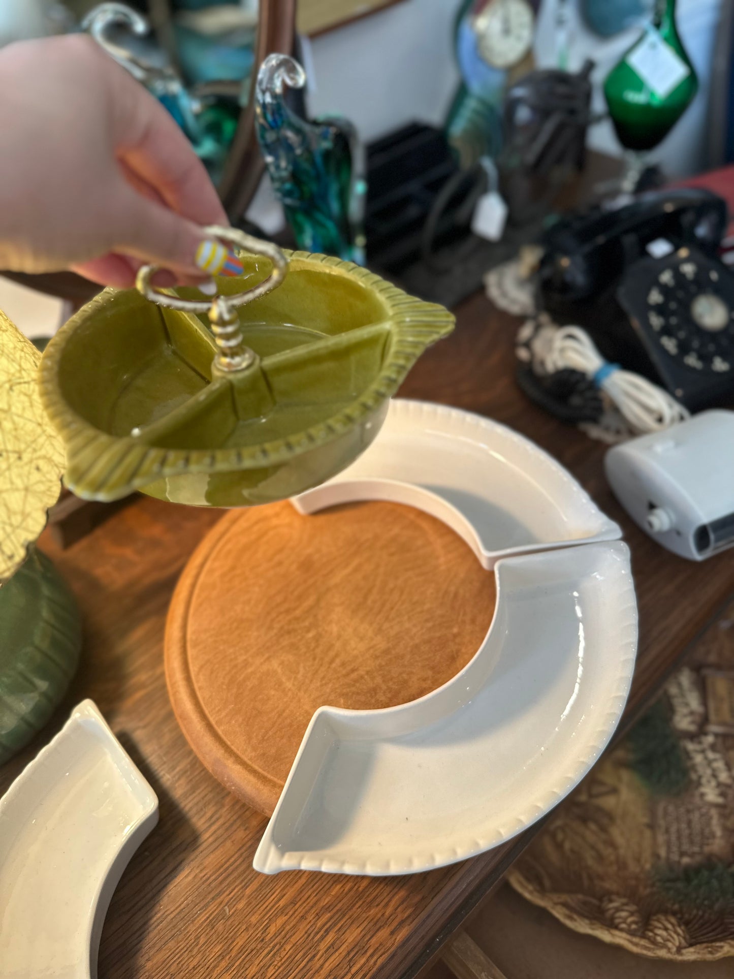 California pottery snack tray with wooden lazy Susan