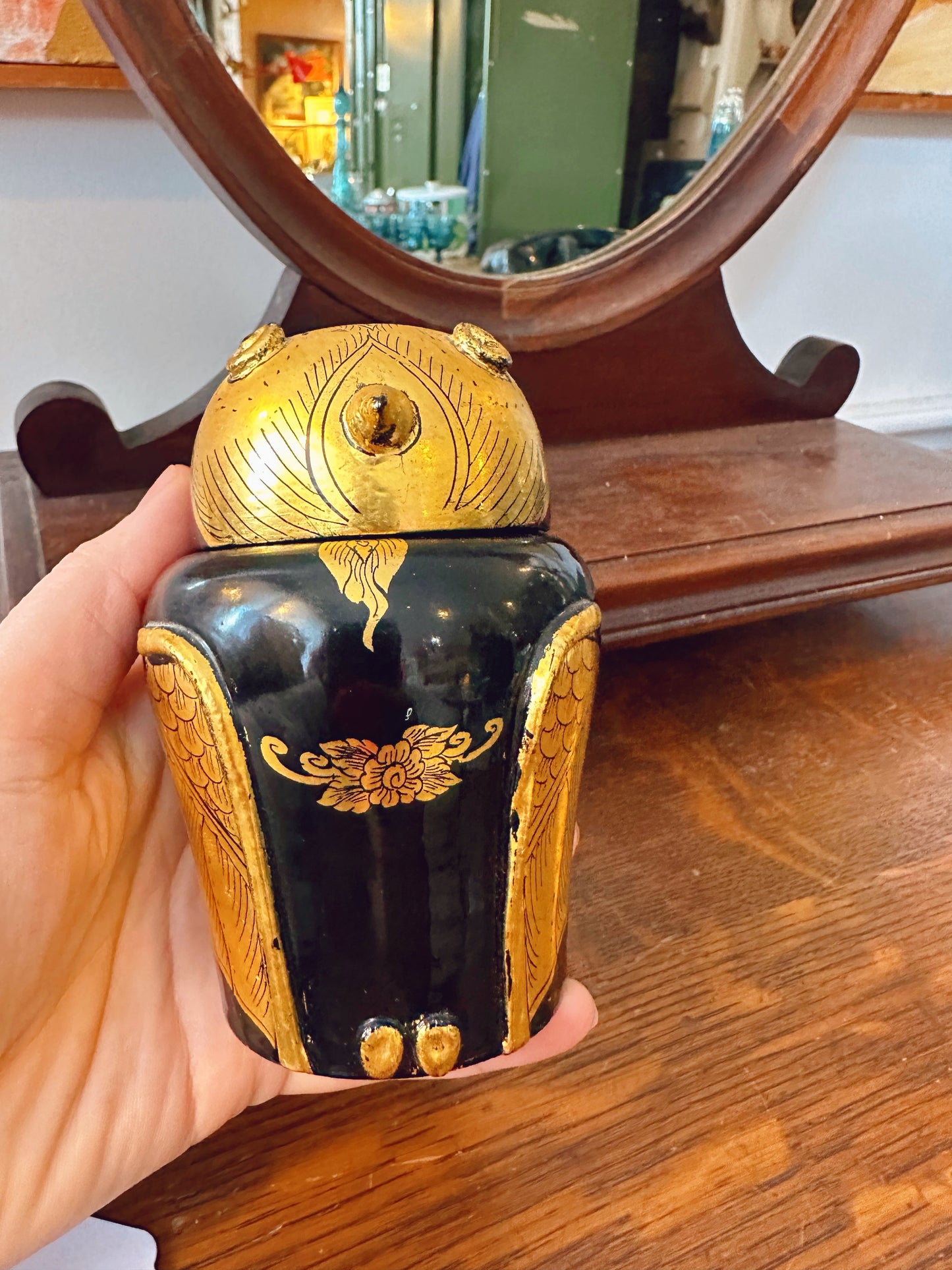 1950s Burmese Gold Leaf wooden owl jar