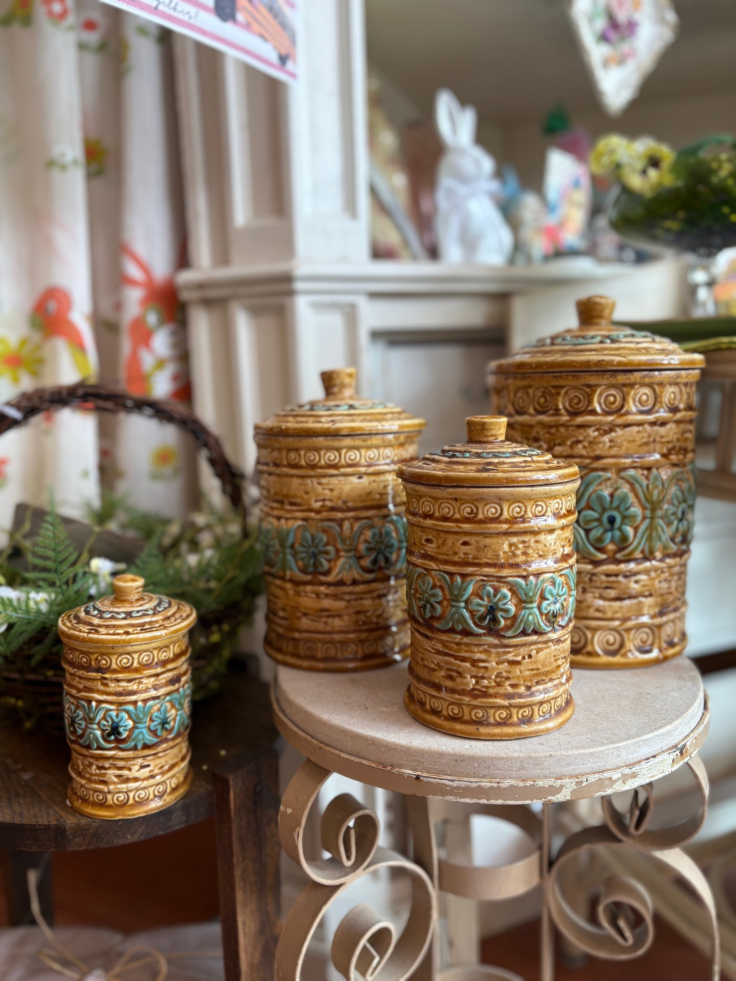 Tiki Style Ceramic Kitchen Canister Set - marked Japan