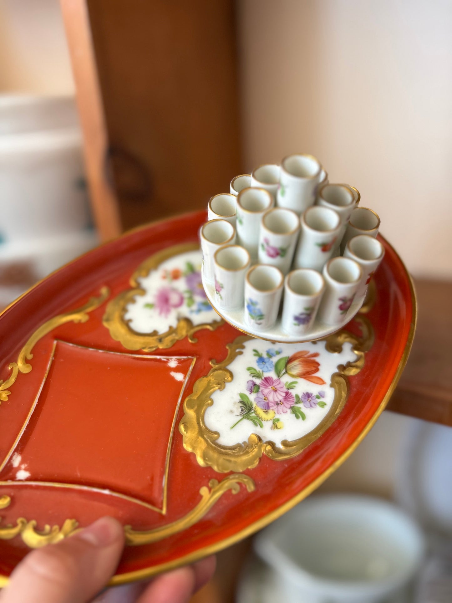 Dresden Hand Painted Cigarette Holder with small ashtrays - Mid Century