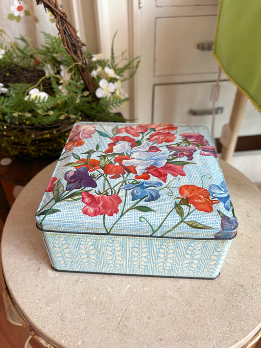 Blue & Red Floral Vintage Biscuit Tin