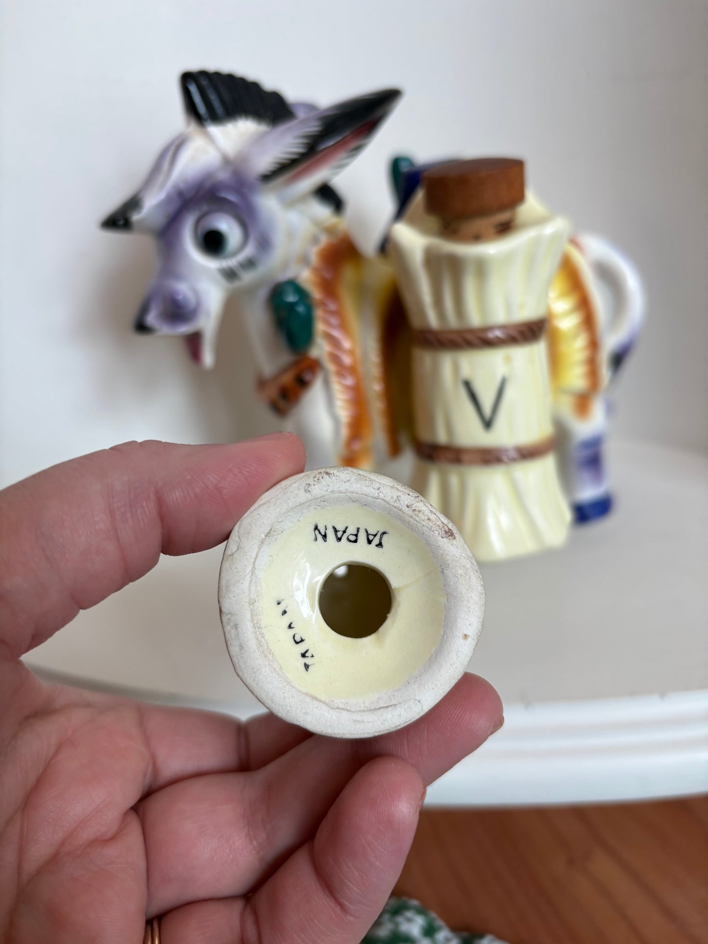 Vintage Japan Ceramic Burro Donkey Salt Pepper Oil & Vinegar Holder