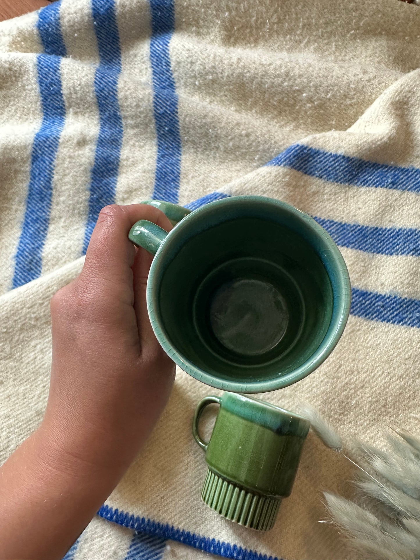 Set of 4 mid century green pottery mugs