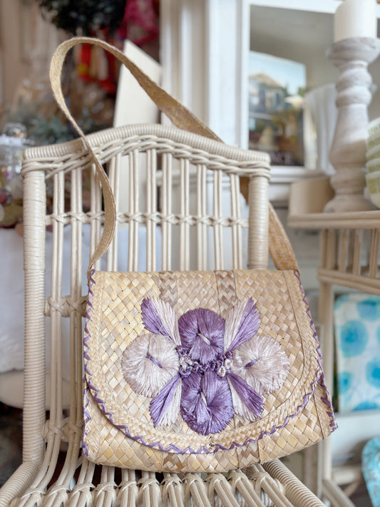 Woven shoulder bag with purple florals