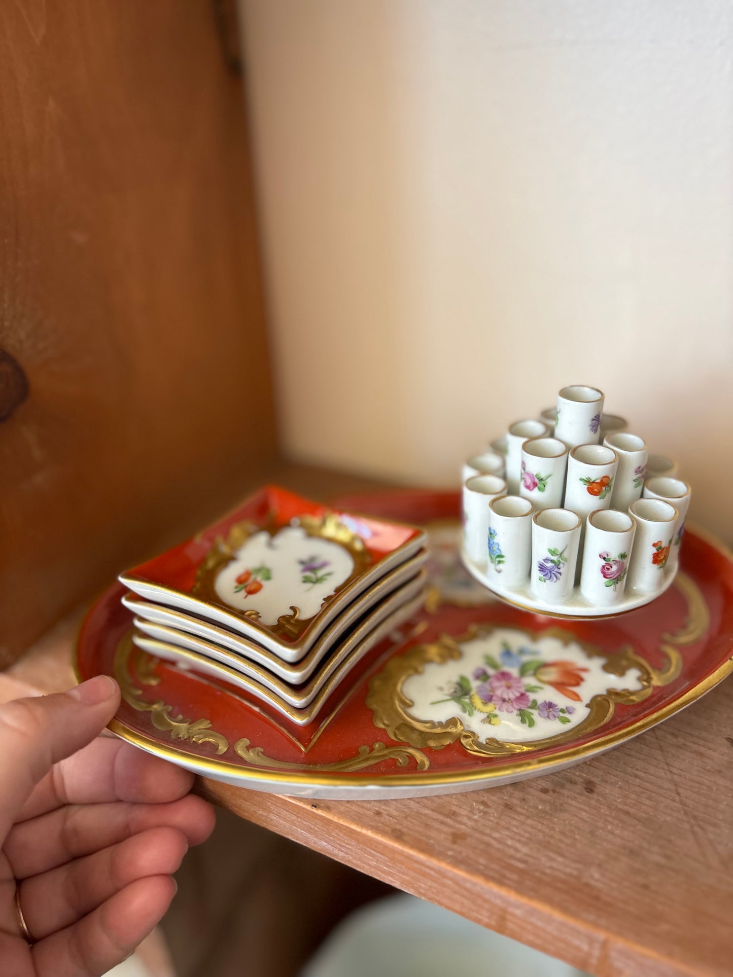 Dresden Hand Painted Cigarette Holder with small ashtrays - Mid Century