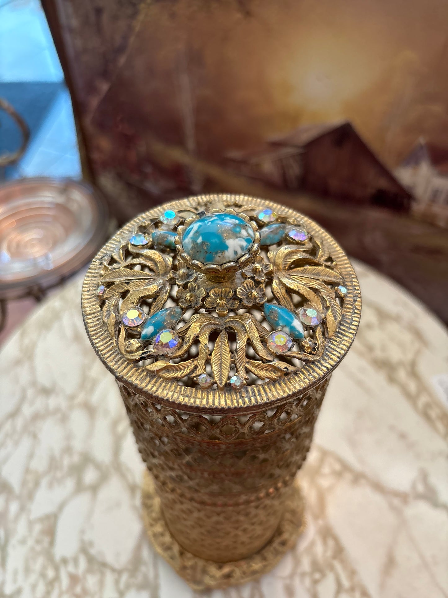 Ormolu Hollywood Regency tall round vanity trinket dish