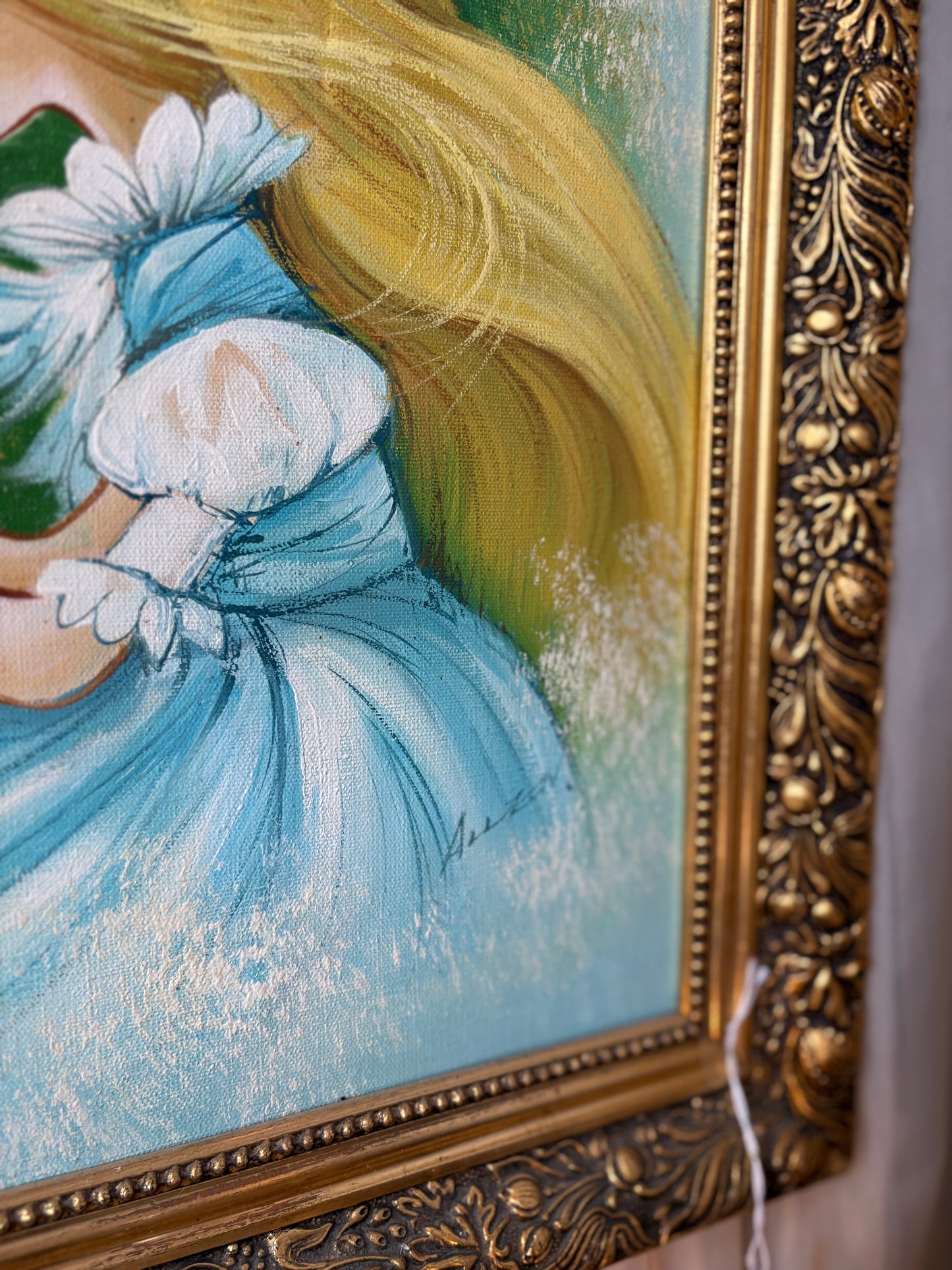 70s girl holding a bird painting - signed & framed