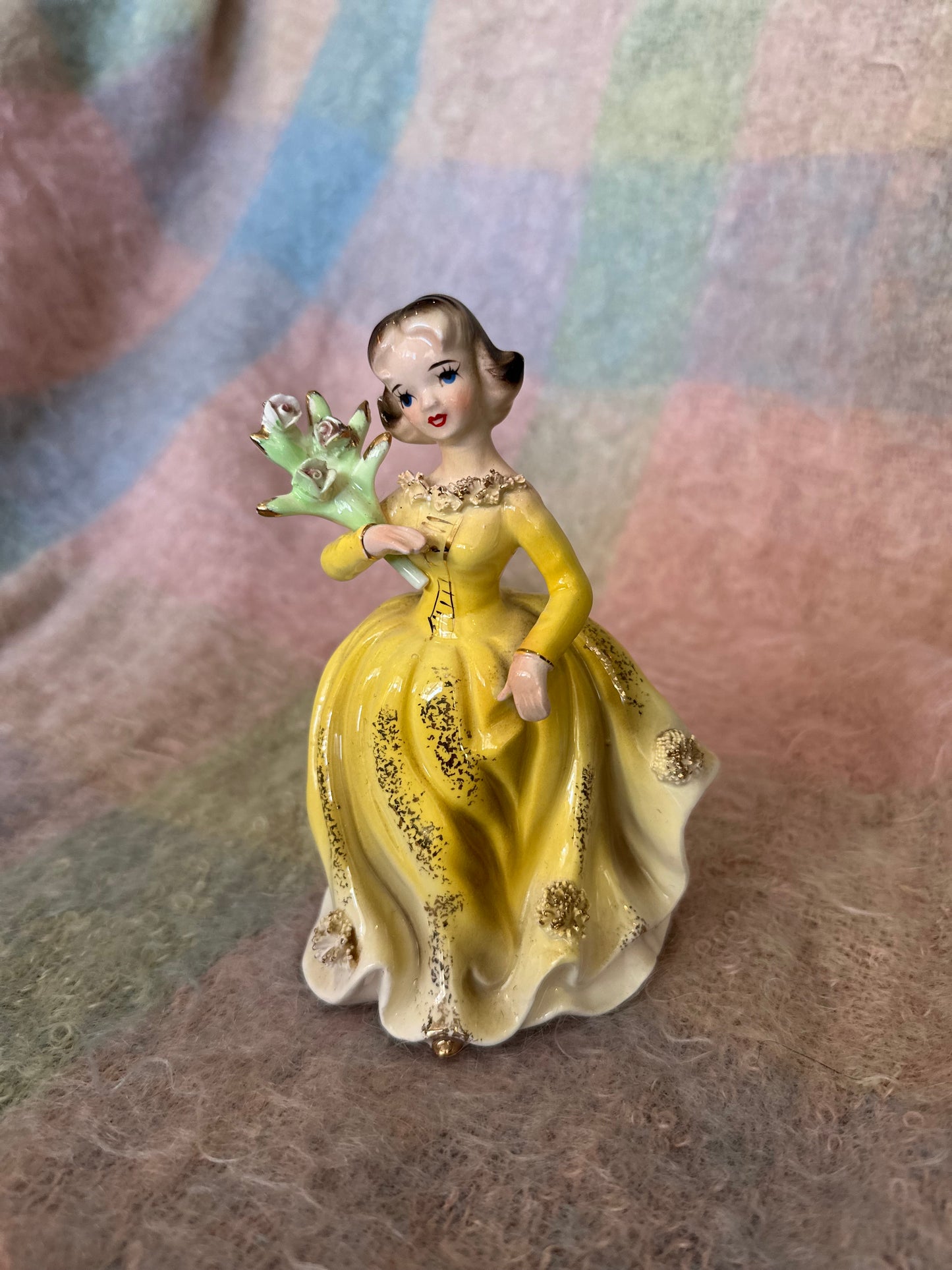 Made in Japan figurine - yellow dress girl with bouquet