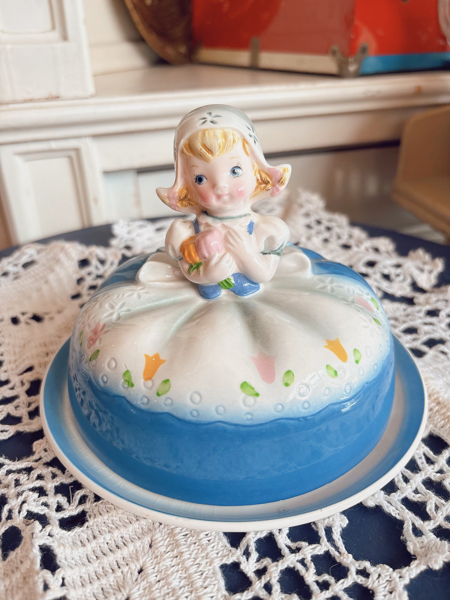 Rare Lefton 1950s Dutch Girl Butter Dish - made in Japan