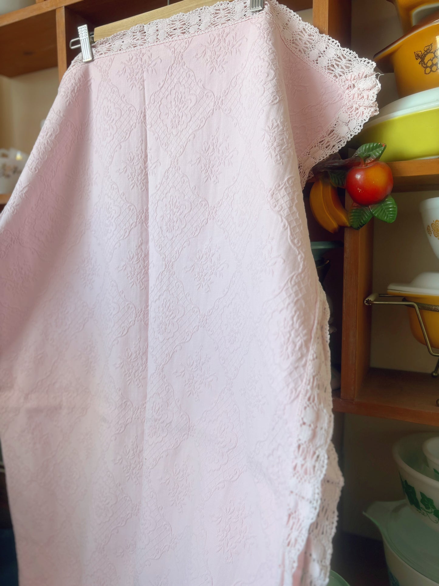 Pink Embossed tablecloth with lace trim
