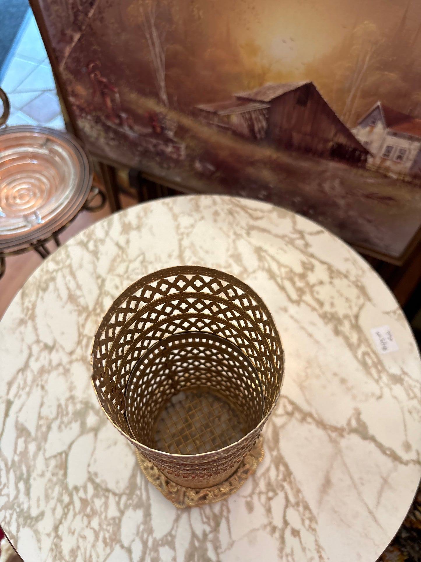 Ormolu Hollywood Regency tall round vanity trinket dish