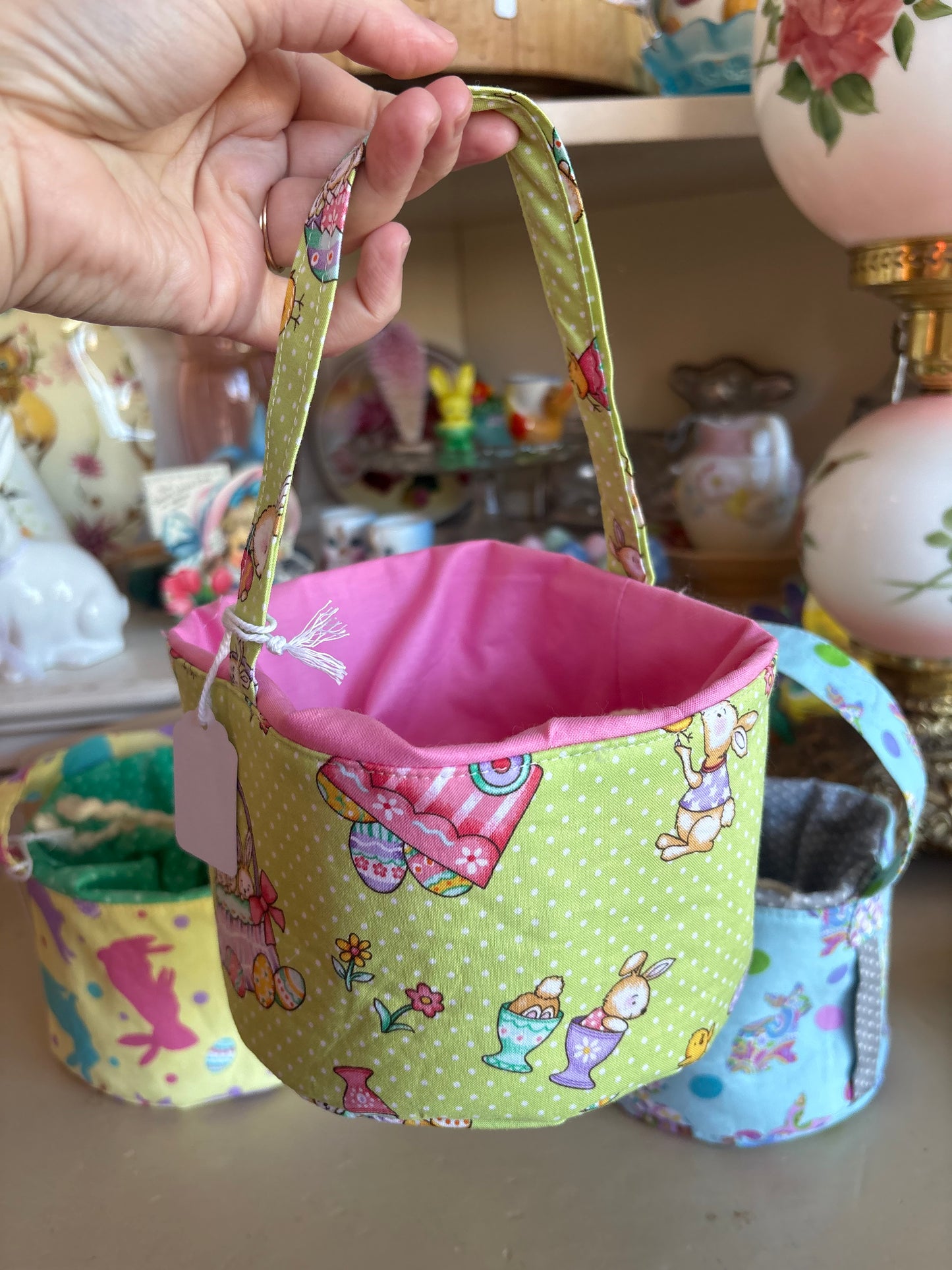 Green & Pink Bunny Easter Basket Handmade by Nana