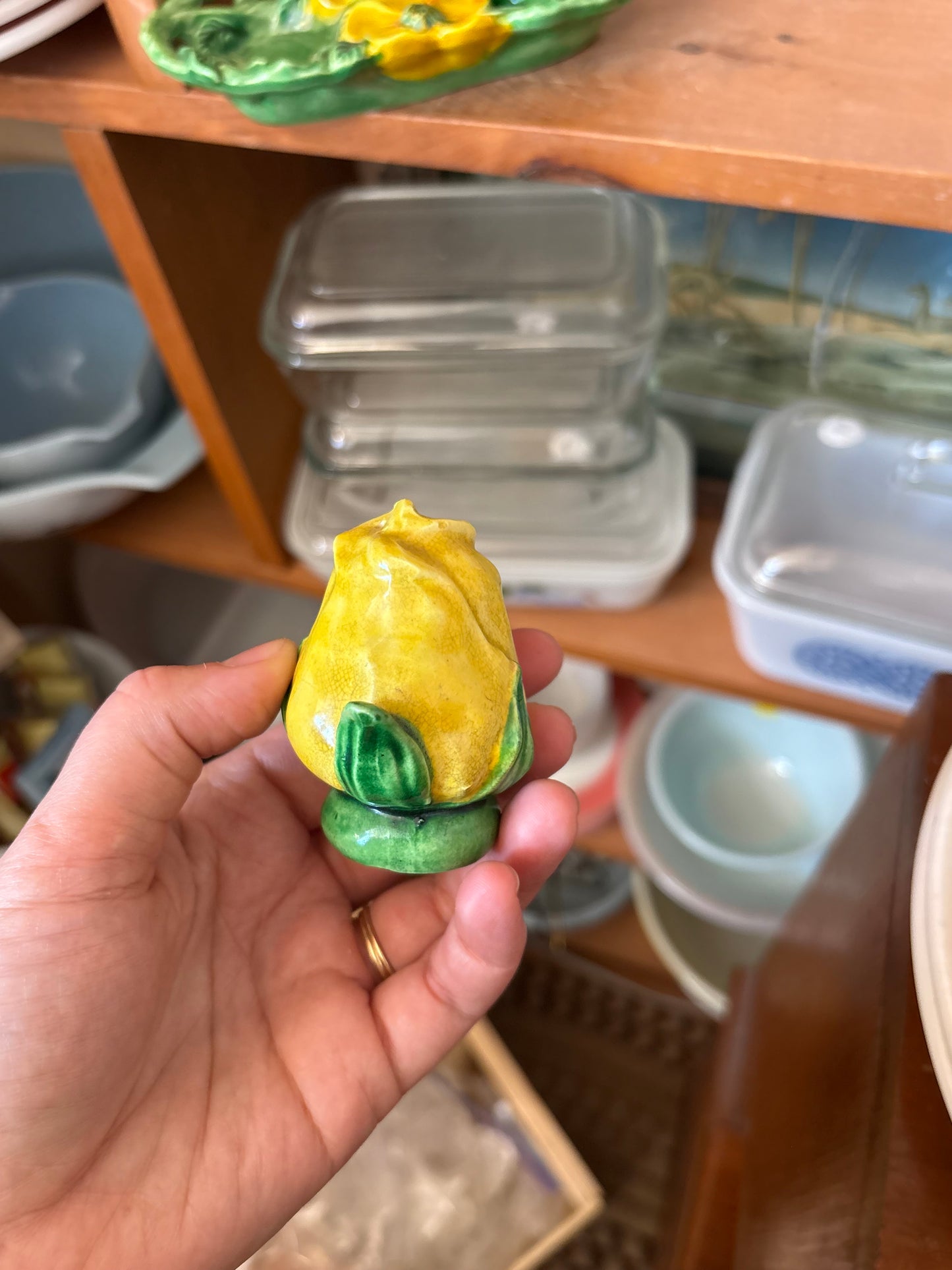 Yellow rosebud salt & pepper shakers with tray