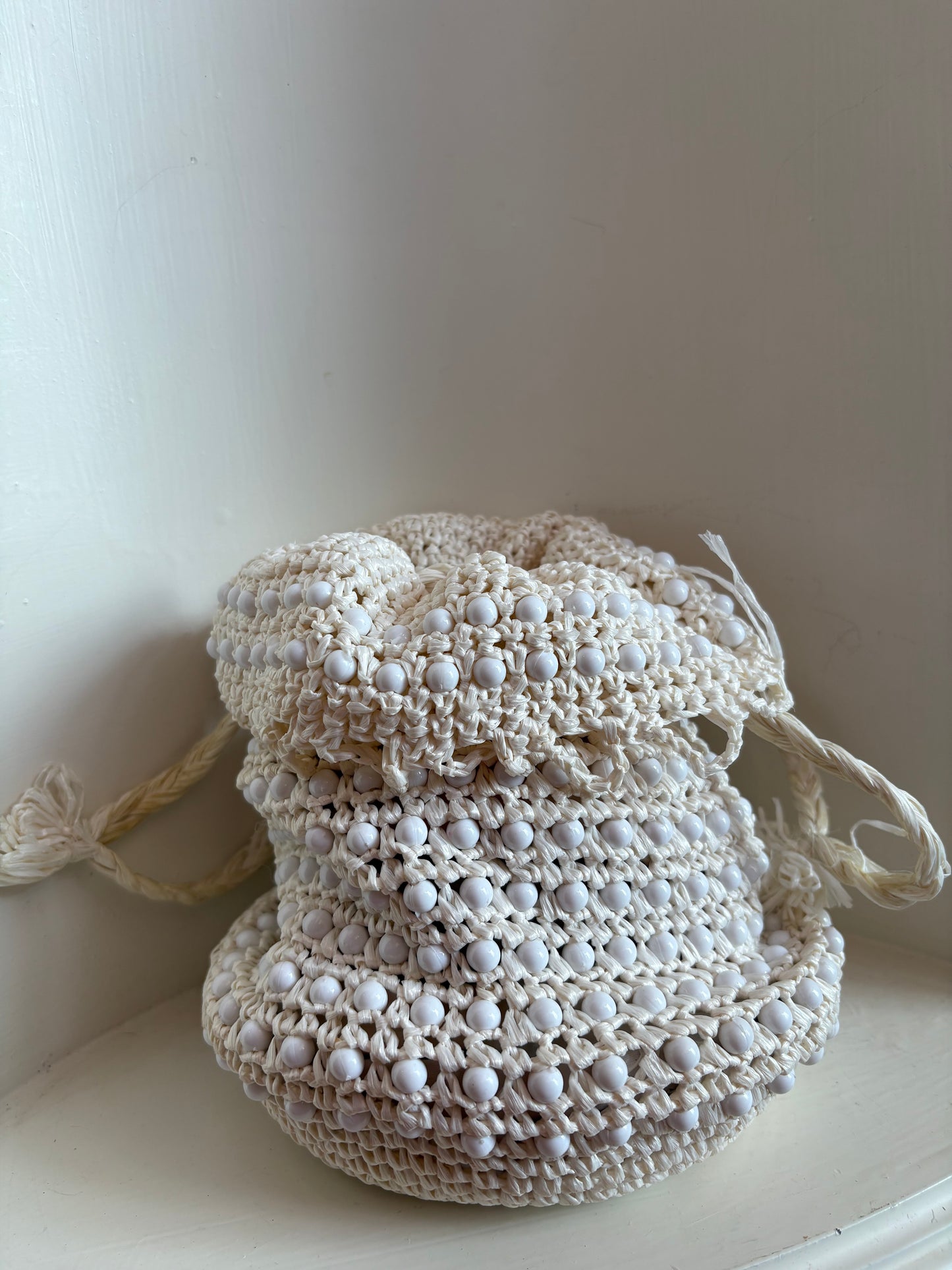 Woven bucket purse with white beads - made in Japan