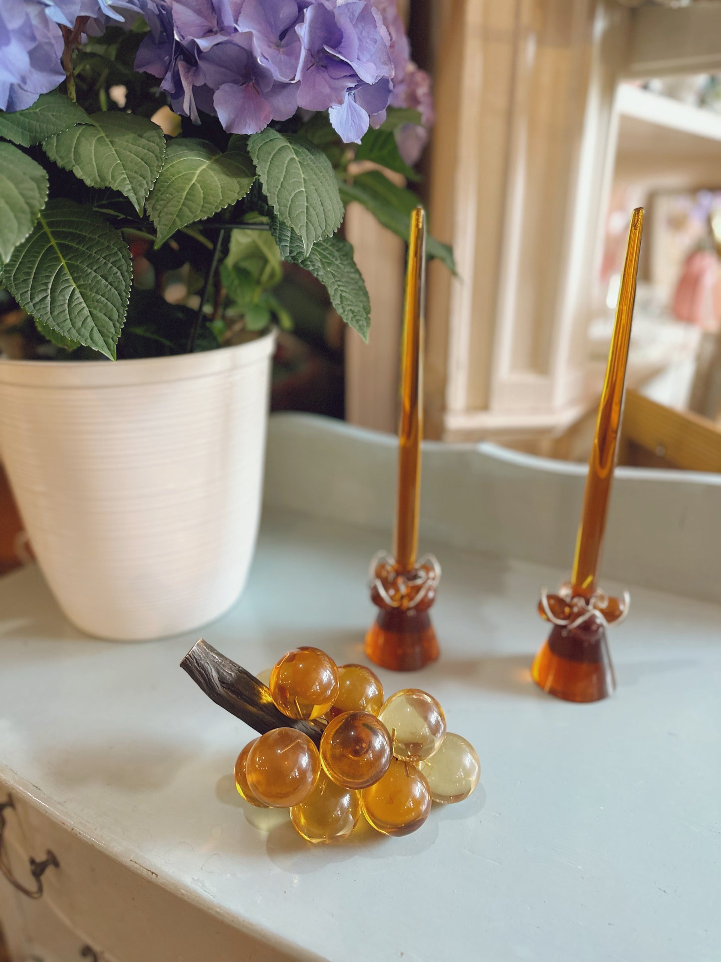 1970s set of Lucite grapes, candle holders and candles