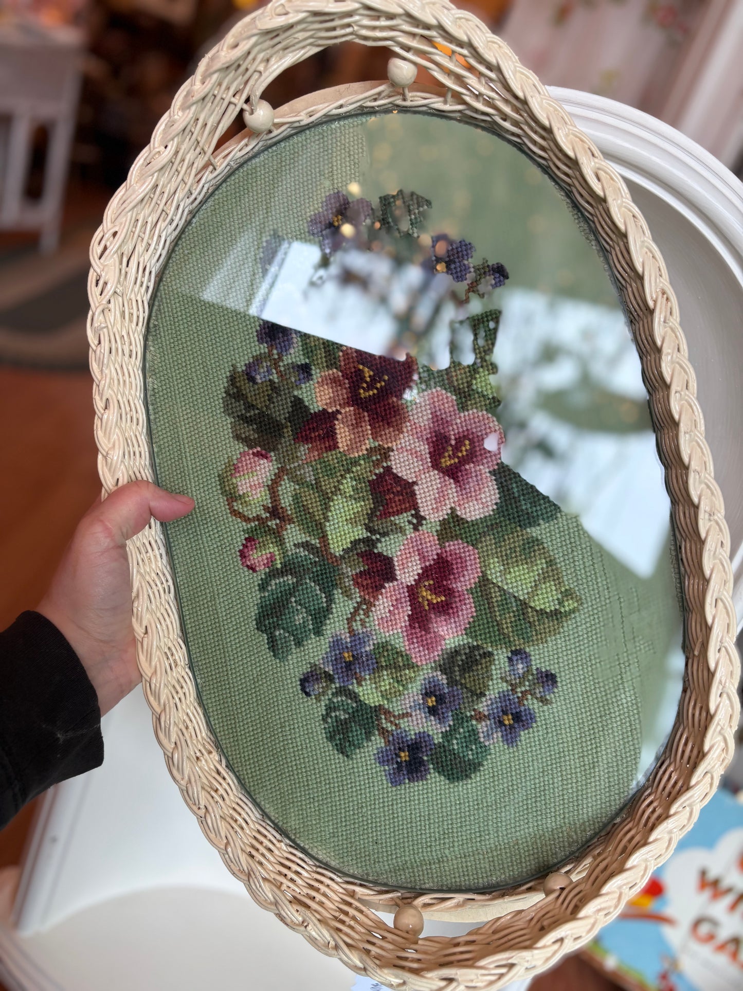 Needlepoint Wicker Tray with glass top