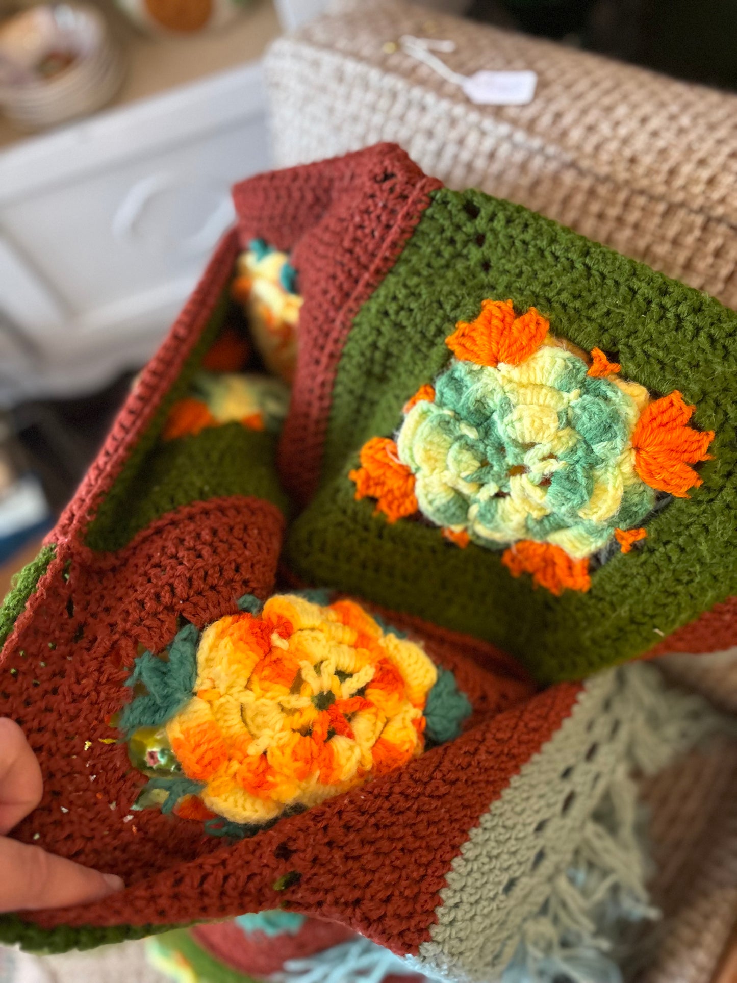 Crochet Blanket - floral squares 88x96 inches