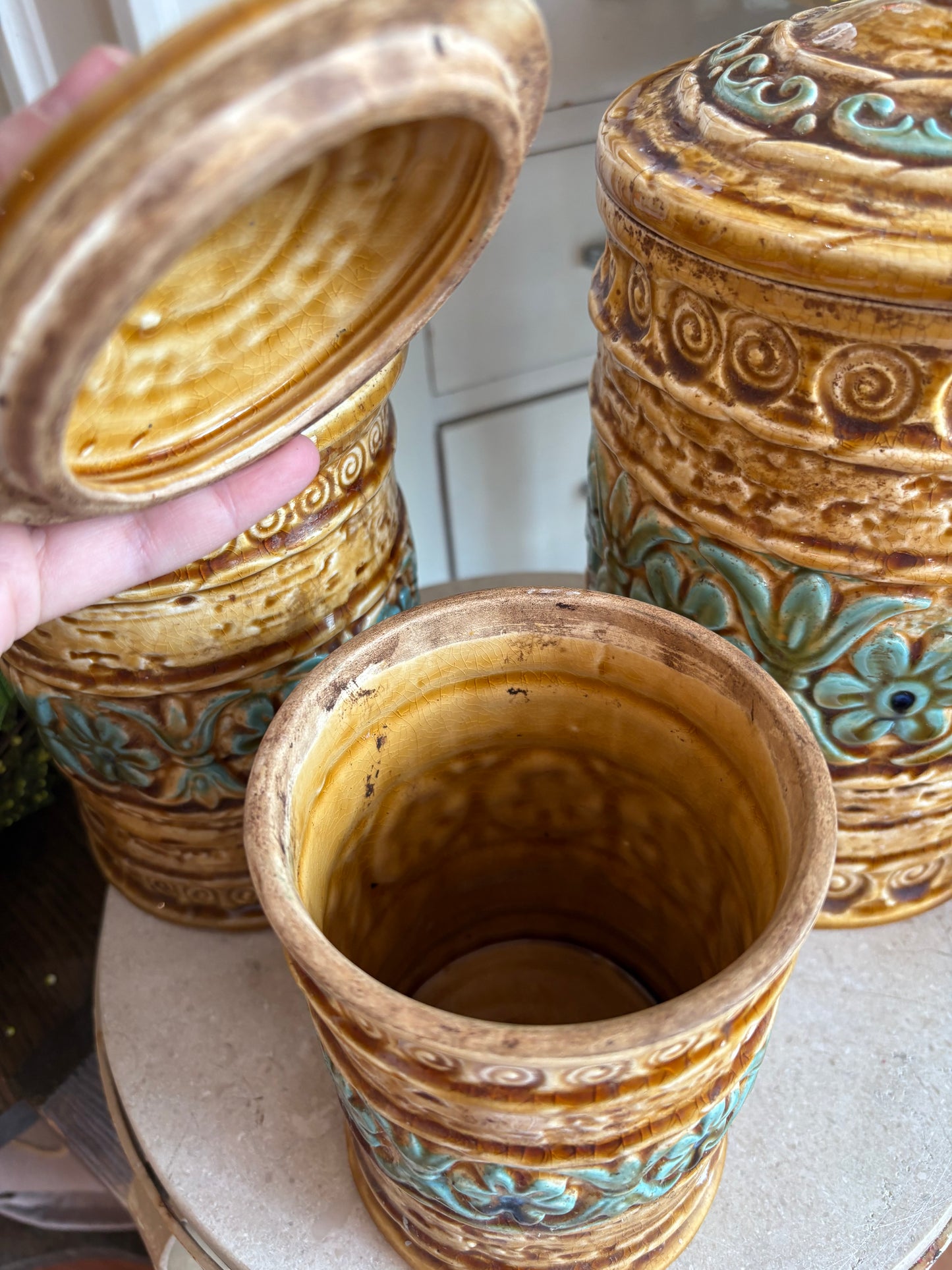 Tiki Style Ceramic Kitchen Canister Set - marked Japan