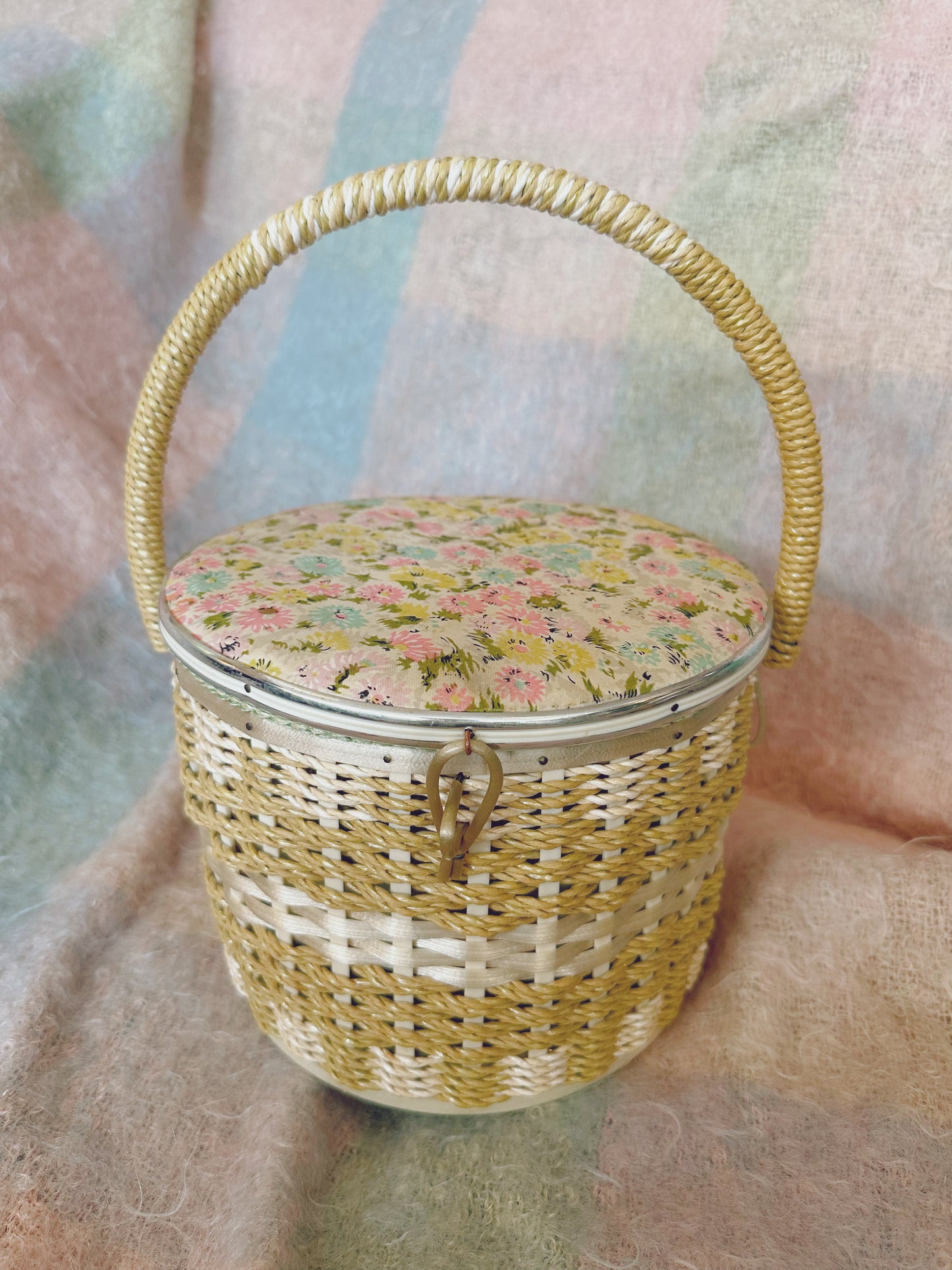 Round sewing basket with floral fabric detail