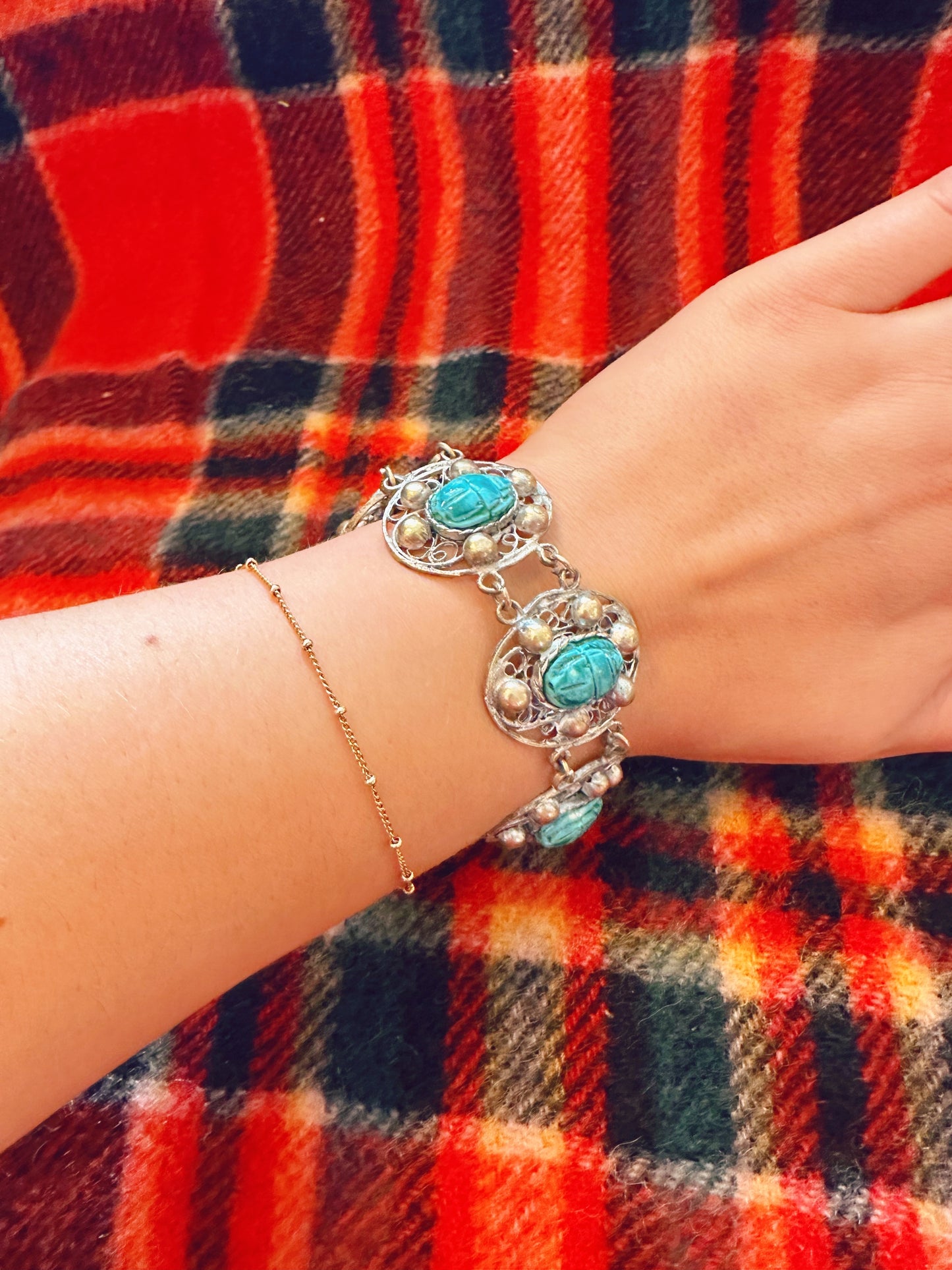 Vintage silver filigree turquoise scarab bracelet