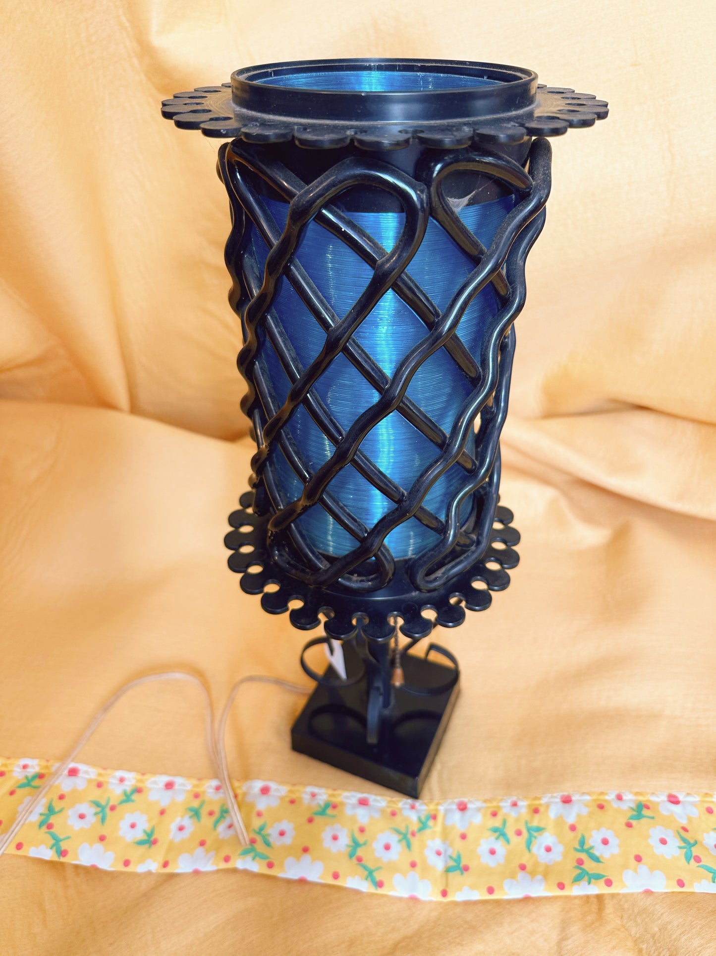 Mid Century black lamp with blue fibreglass shade